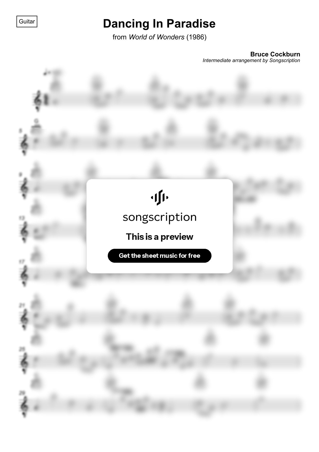 Intermediate Acoustic Guitar Sheet Music for "Dancing In Paradise" by Bruce Cockburn