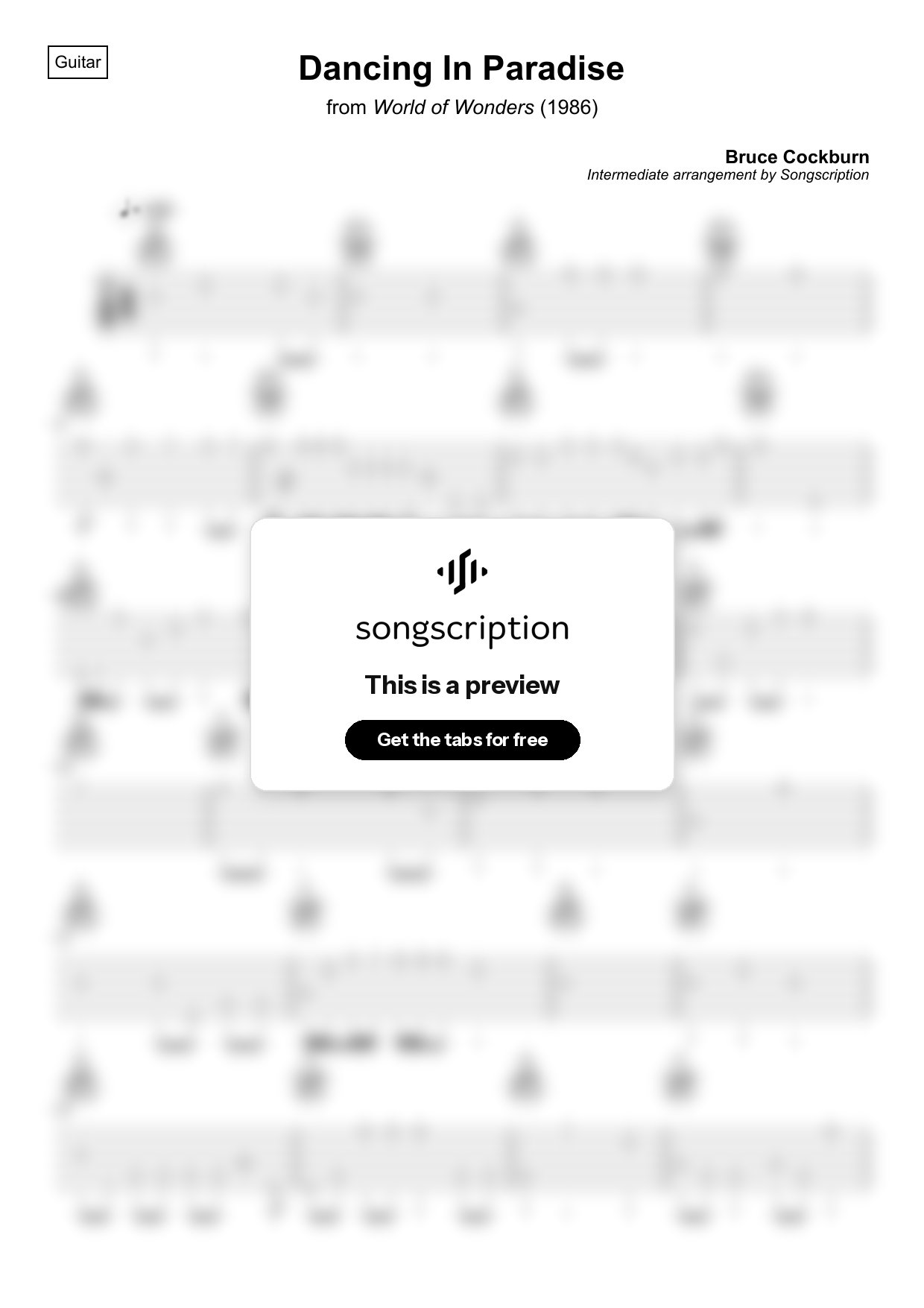 Intermediate Acoustic Guitar Tabs for "Dancing In Paradise" by Bruce Cockburn
