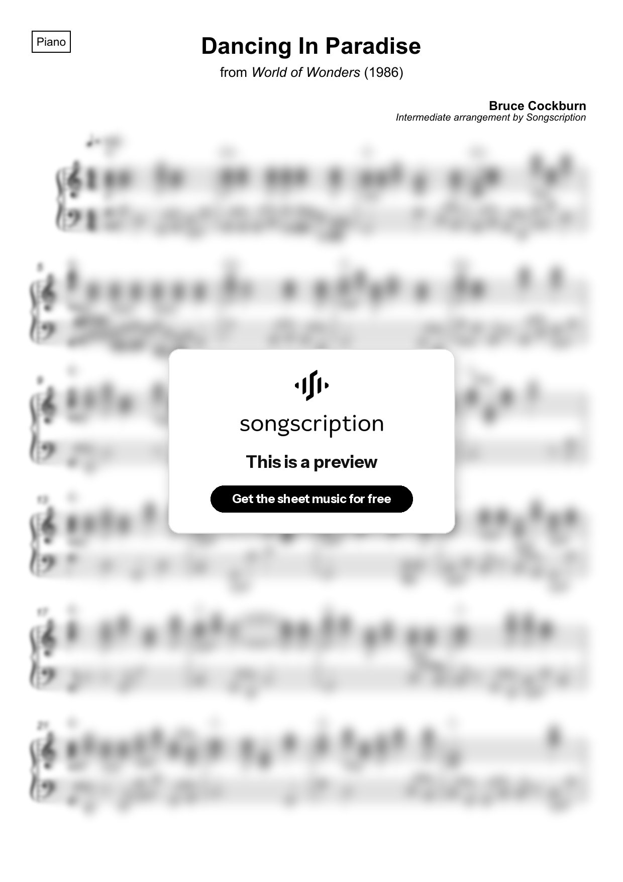Intermediate Piano Sheet Music for "Dancing In Paradise" by Bruce Cockburn