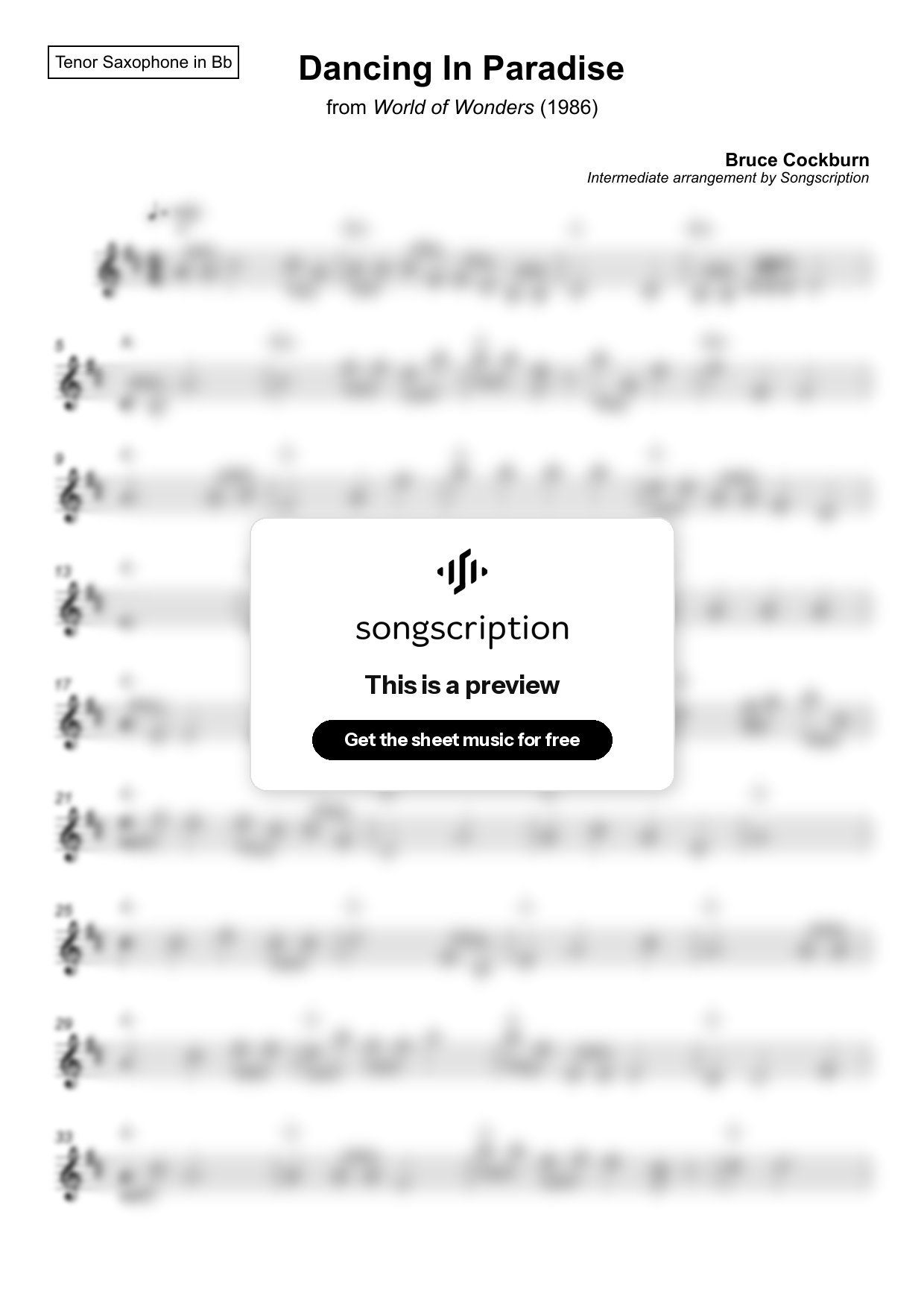 Intermediate Tenor Sax Sheet Music for "Dancing In Paradise" by Bruce Cockburn