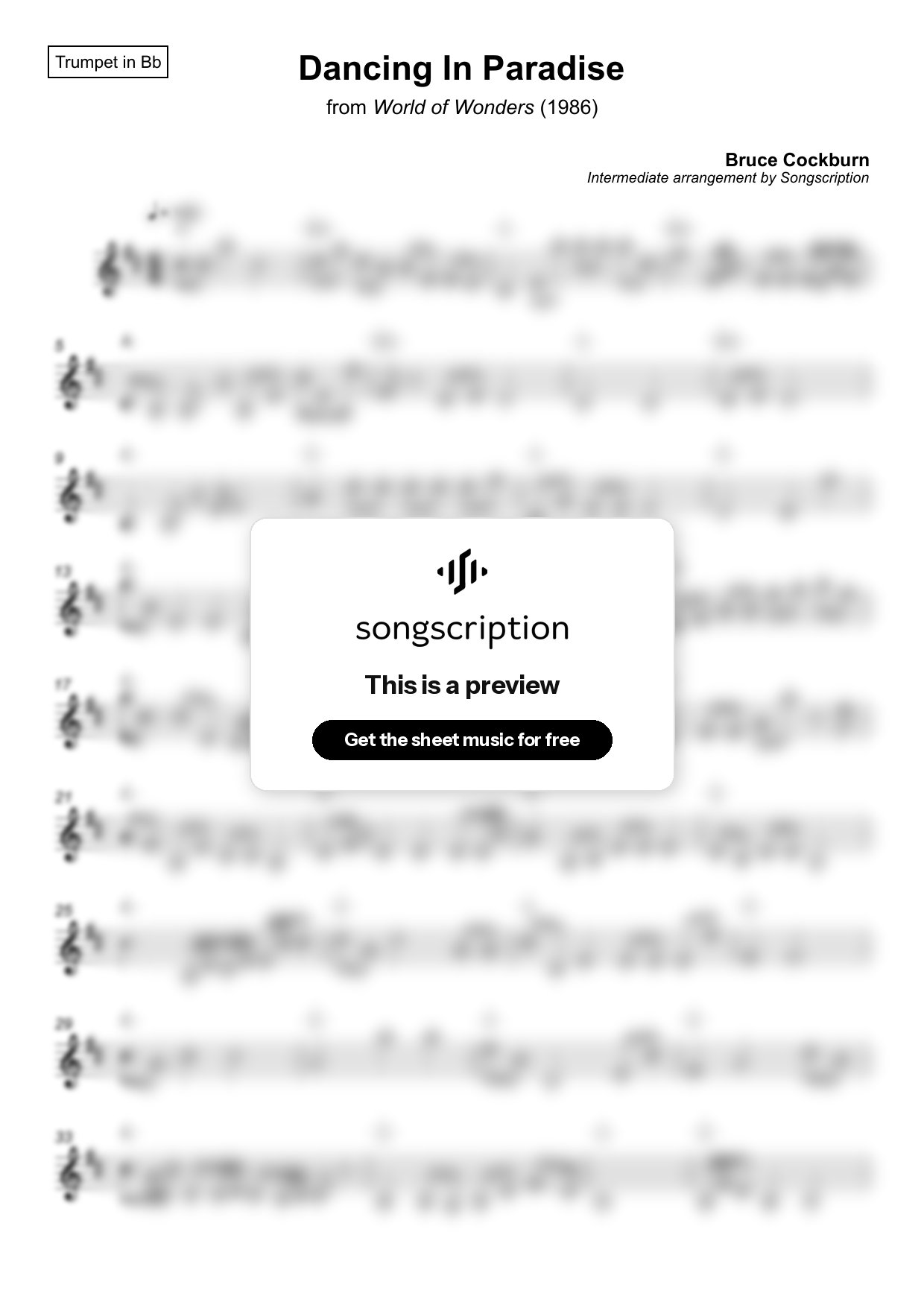 Intermediate Trumpet Sheet Music for "Dancing In Paradise" by Bruce Cockburn