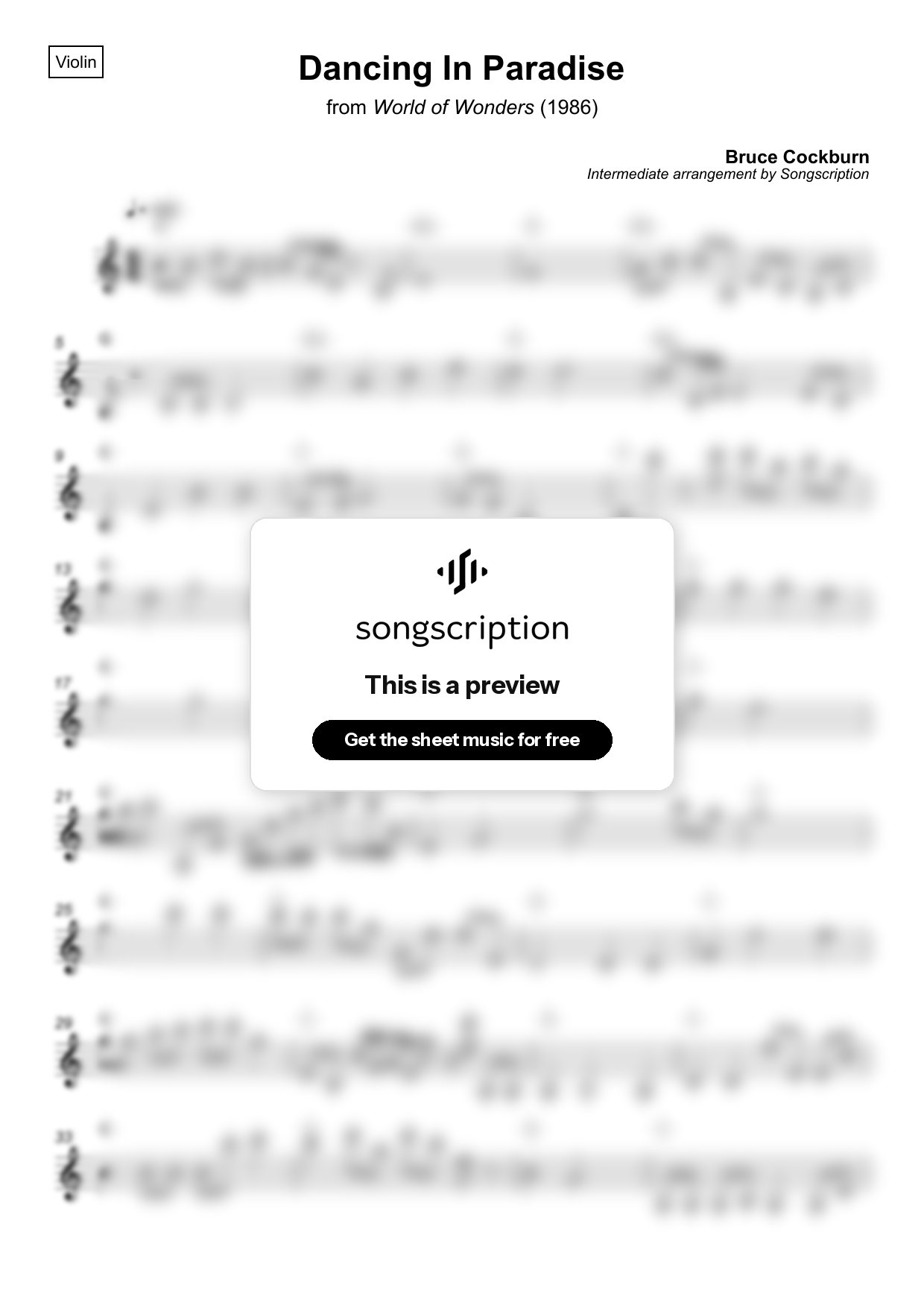 Intermediate Violin Sheet Music for "Dancing In Paradise" by Bruce Cockburn