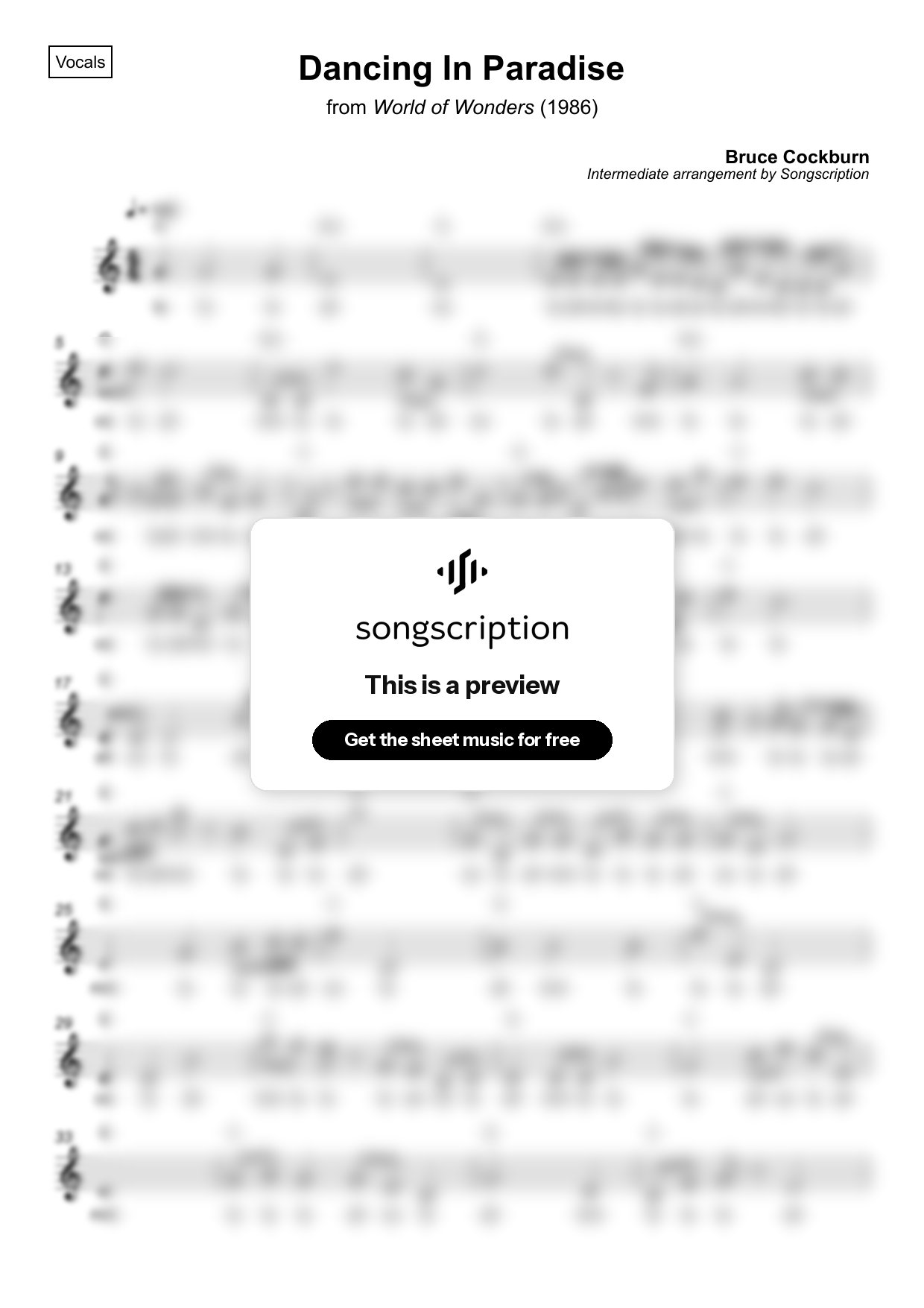 Intermediate Vocals Sheet Music for "Dancing In Paradise" by Bruce Cockburn