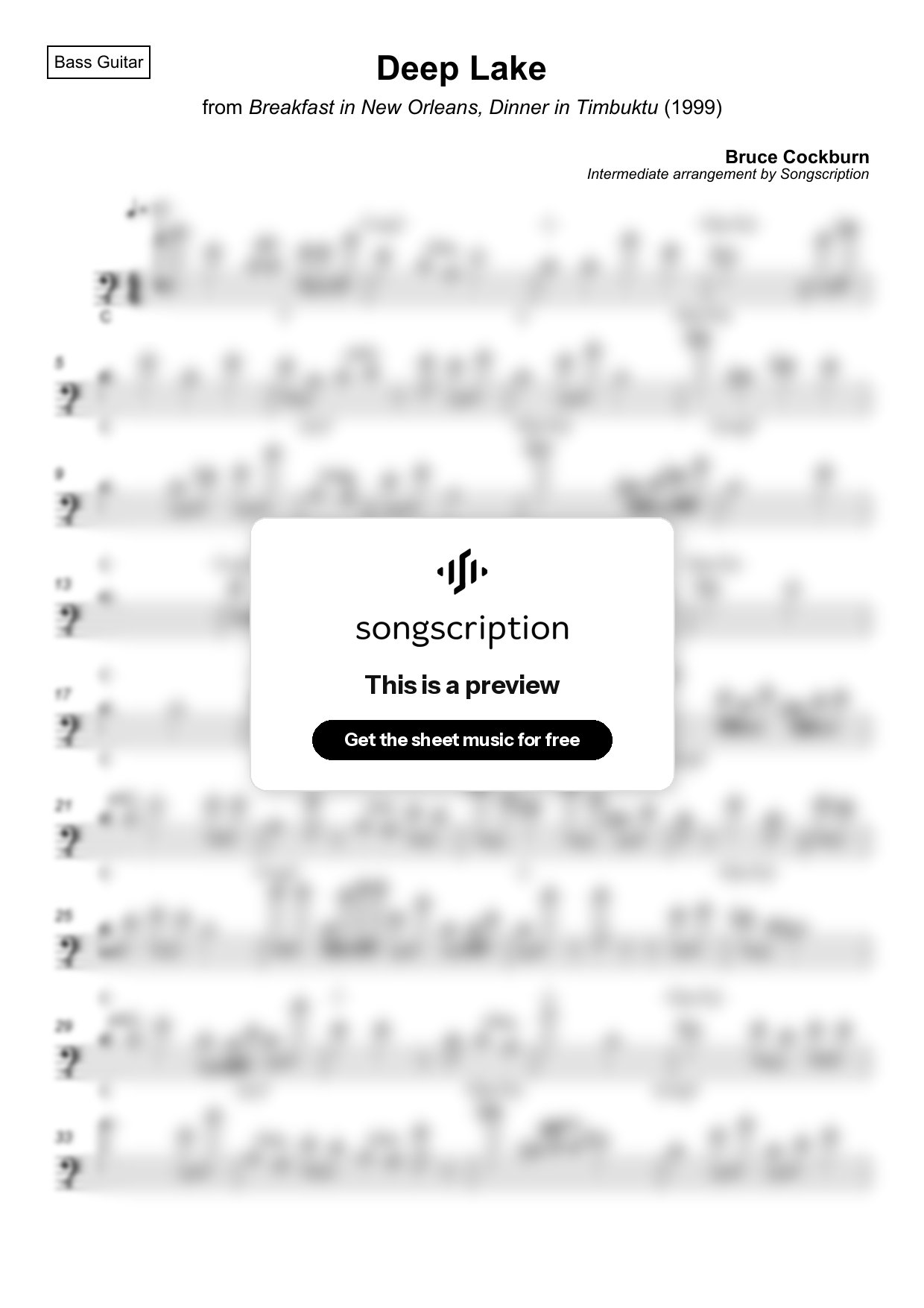 Intermediate Bass Guitar Sheet Music for "Deep Lake" by Bruce Cockburn