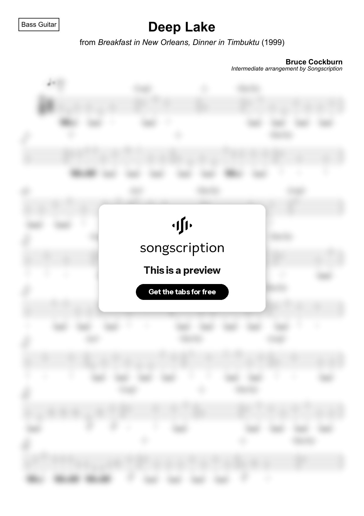 Intermediate Bass Guitar Tabs for "Deep Lake" by Bruce Cockburn
