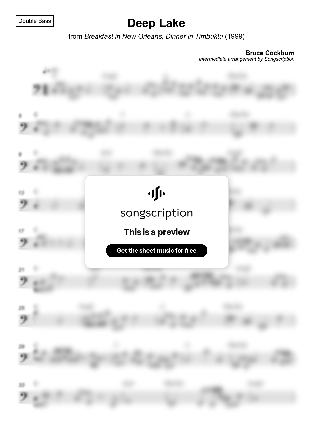 Intermediate Double Bass Sheet Music for "Deep Lake" by Bruce Cockburn