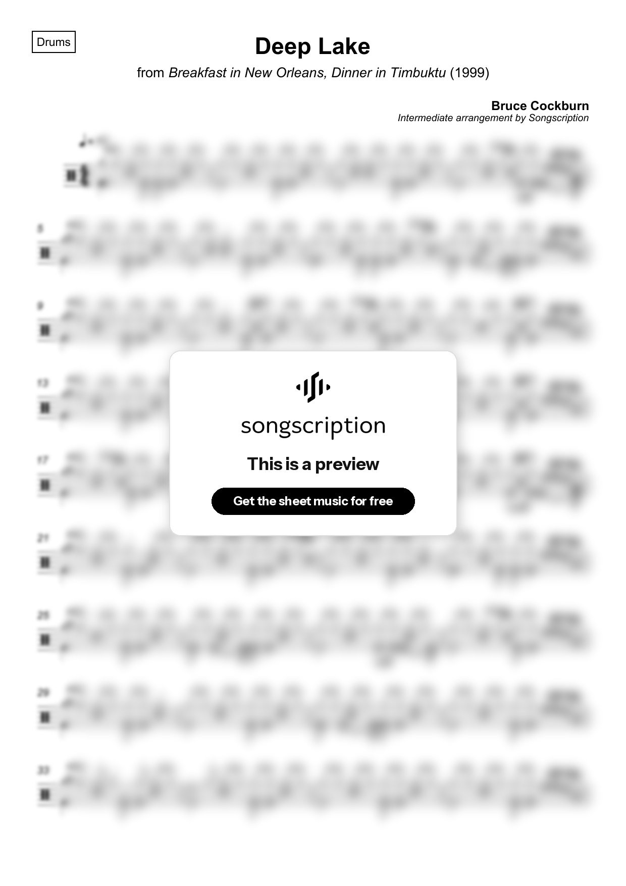 Intermediate Drums Sheet Music for "Deep Lake" by Bruce Cockburn