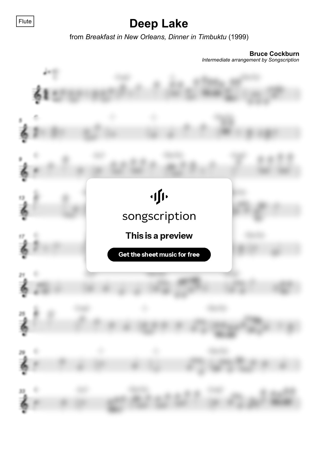 Intermediate Flute Sheet Music for "Deep Lake" by Bruce Cockburn
