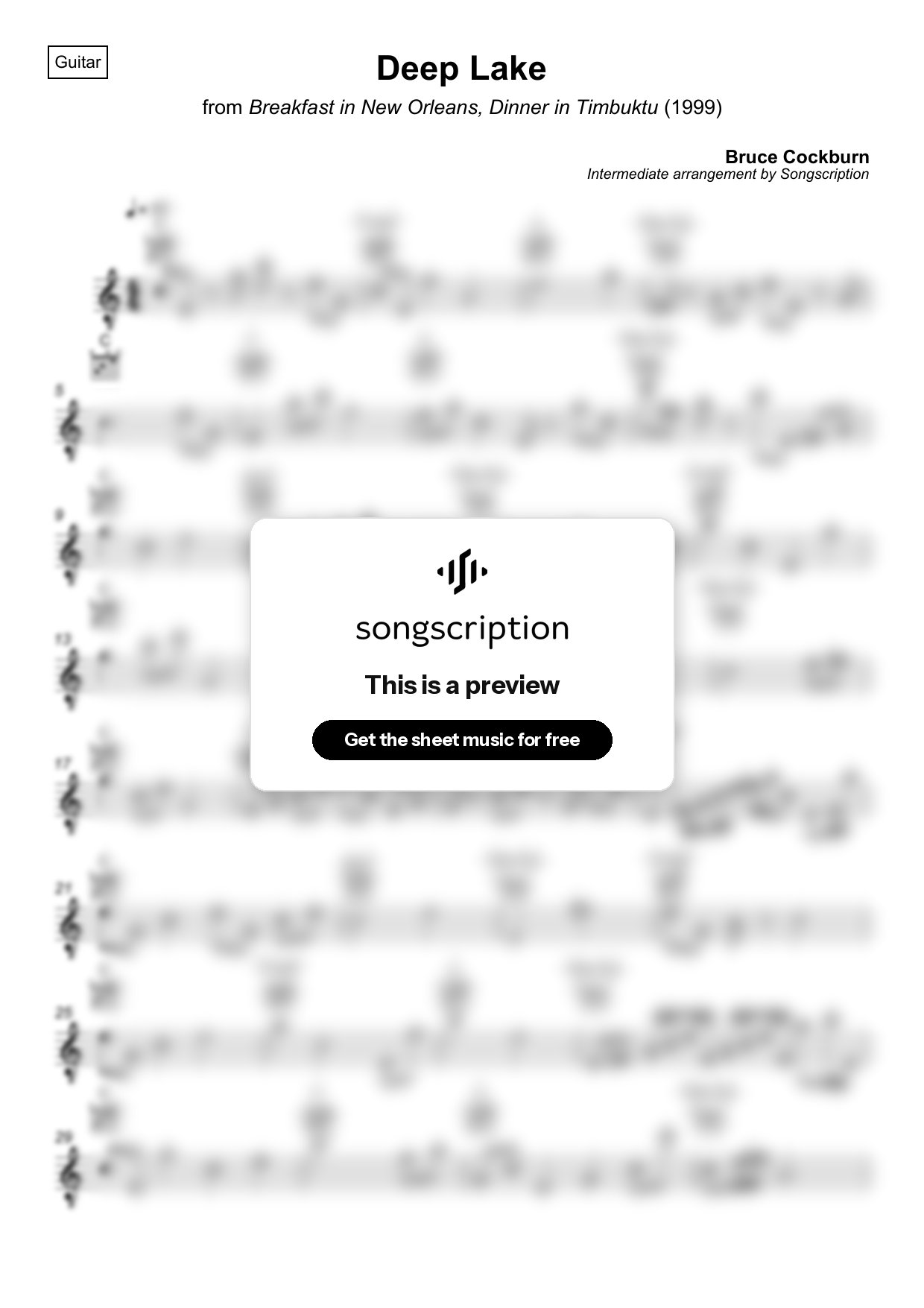 Intermediate Acoustic Guitar Sheet Music for "Deep Lake" by Bruce Cockburn