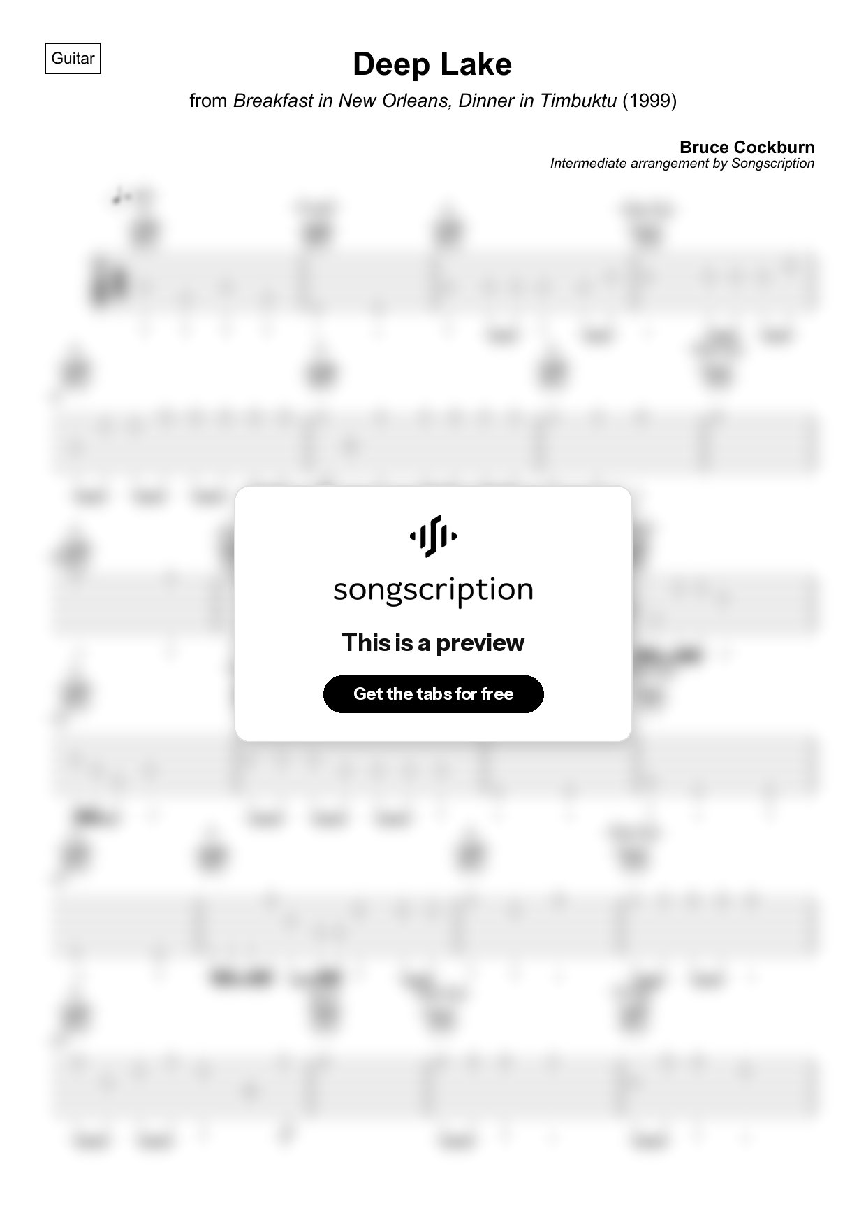 Intermediate Acoustic Guitar Tabs for "Deep Lake" by Bruce Cockburn