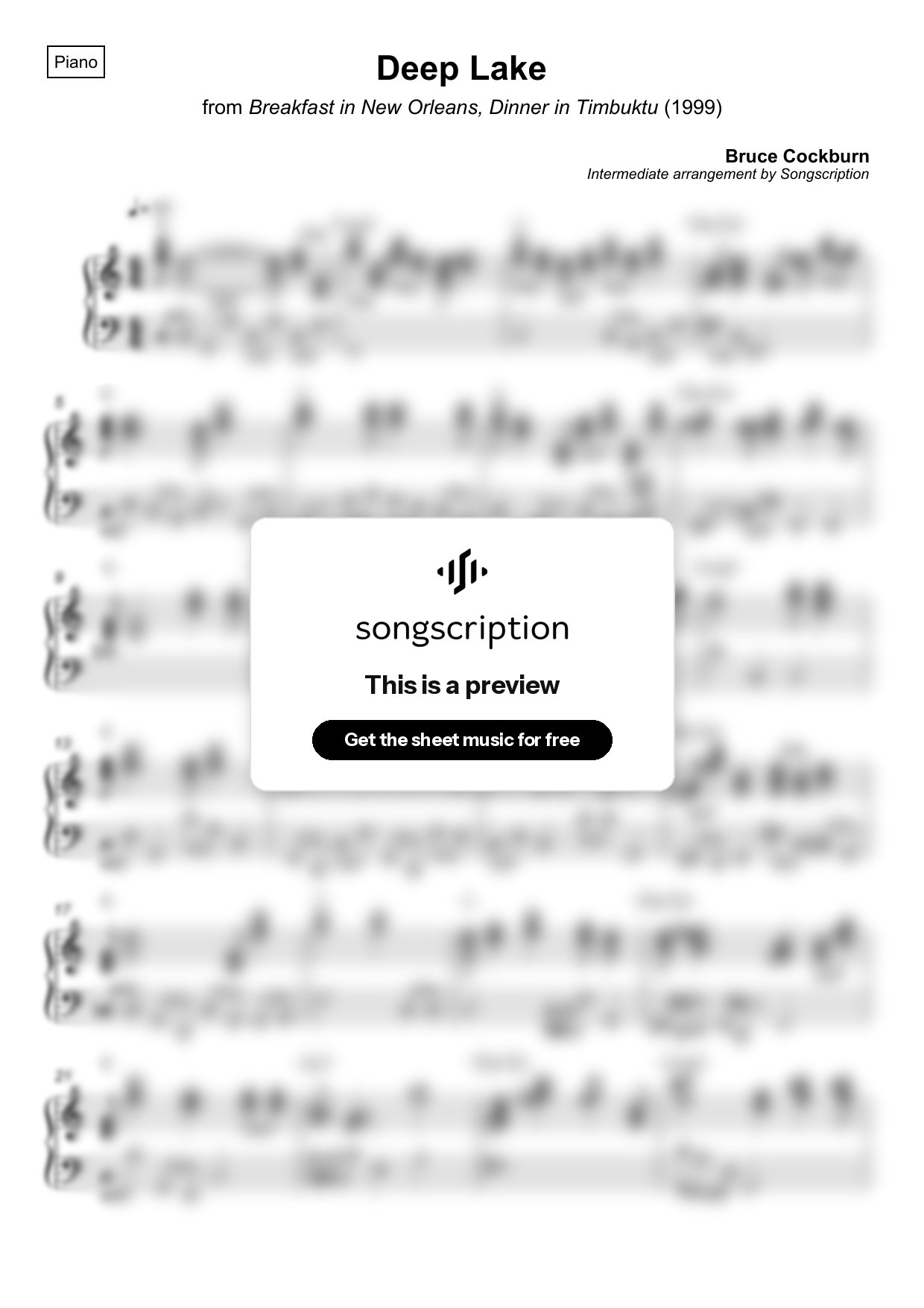 Intermediate Piano Sheet Music for "Deep Lake" by Bruce Cockburn