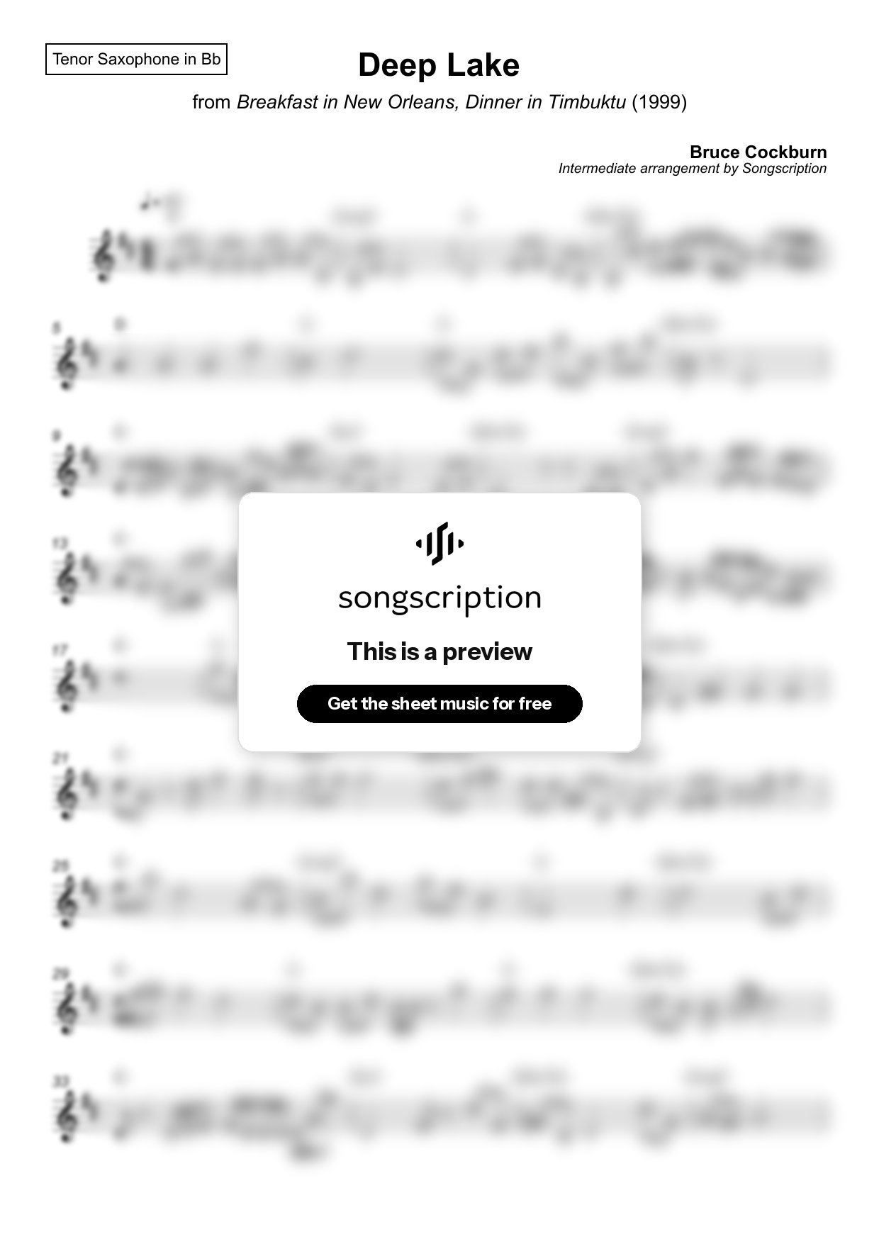 Intermediate Tenor Sax Sheet Music for "Deep Lake" by Bruce Cockburn