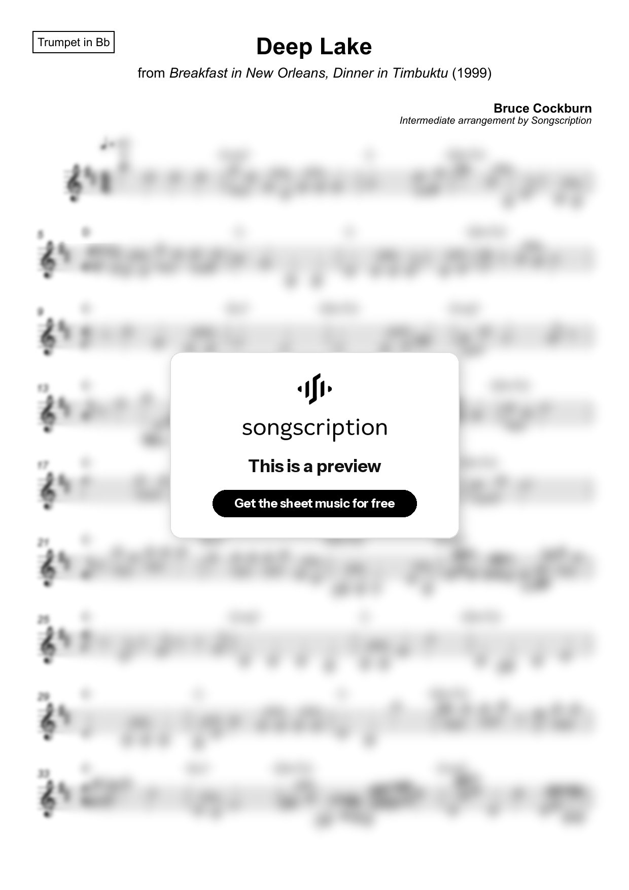 Intermediate Trumpet Sheet Music for "Deep Lake" by Bruce Cockburn