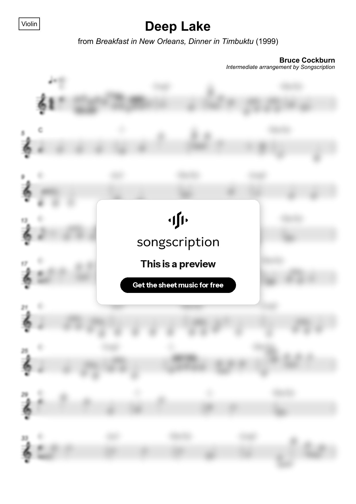 Intermediate Violin Sheet Music for "Deep Lake" by Bruce Cockburn
