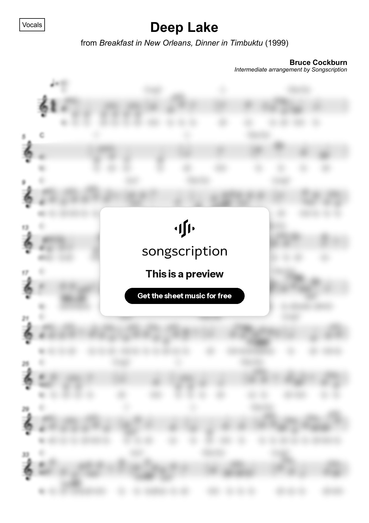 Intermediate Vocals Sheet Music for "Deep Lake" by Bruce Cockburn