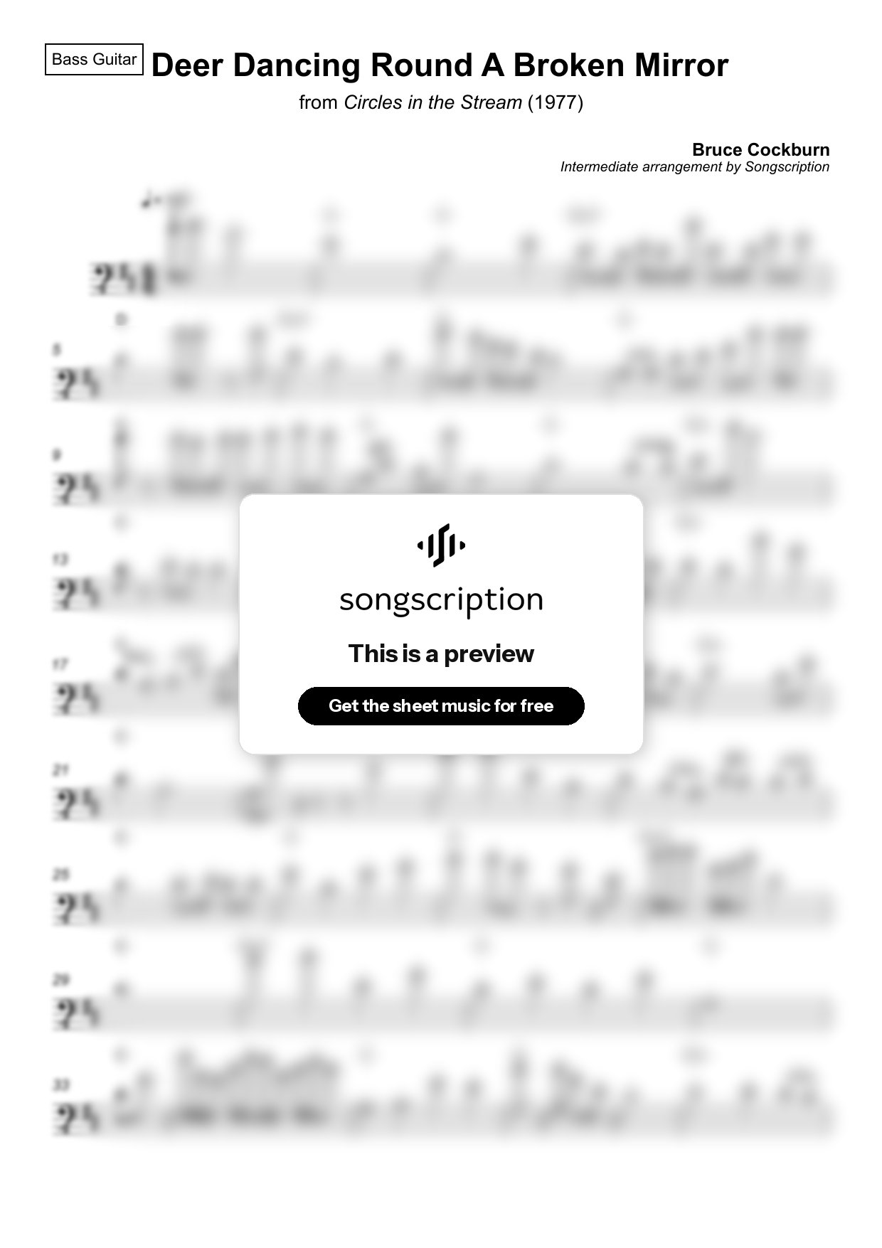 Intermediate Bass Guitar Sheet Music for "Deer Dancing Round A Broken Mirror" by Bruce Cockburn