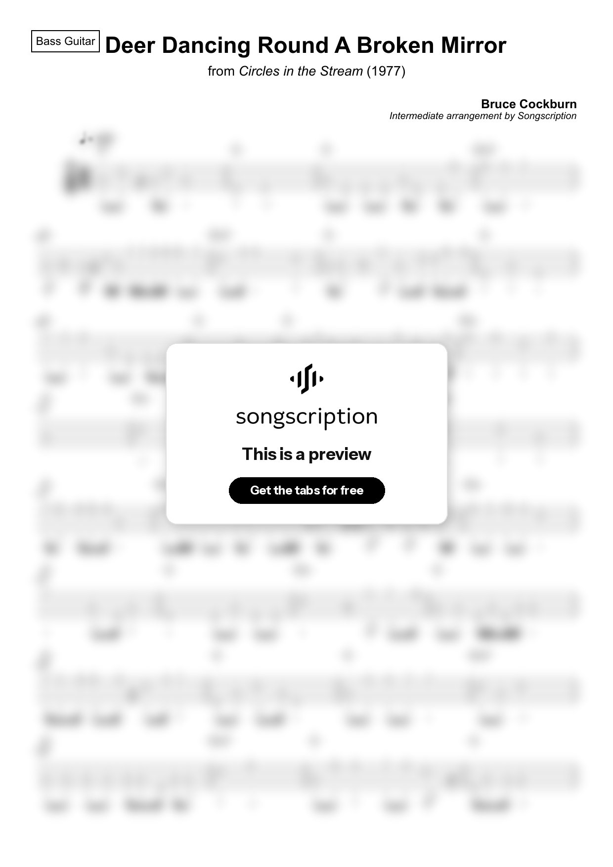 Intermediate Bass Guitar Tabs for "Deer Dancing Round A Broken Mirror" by Bruce Cockburn