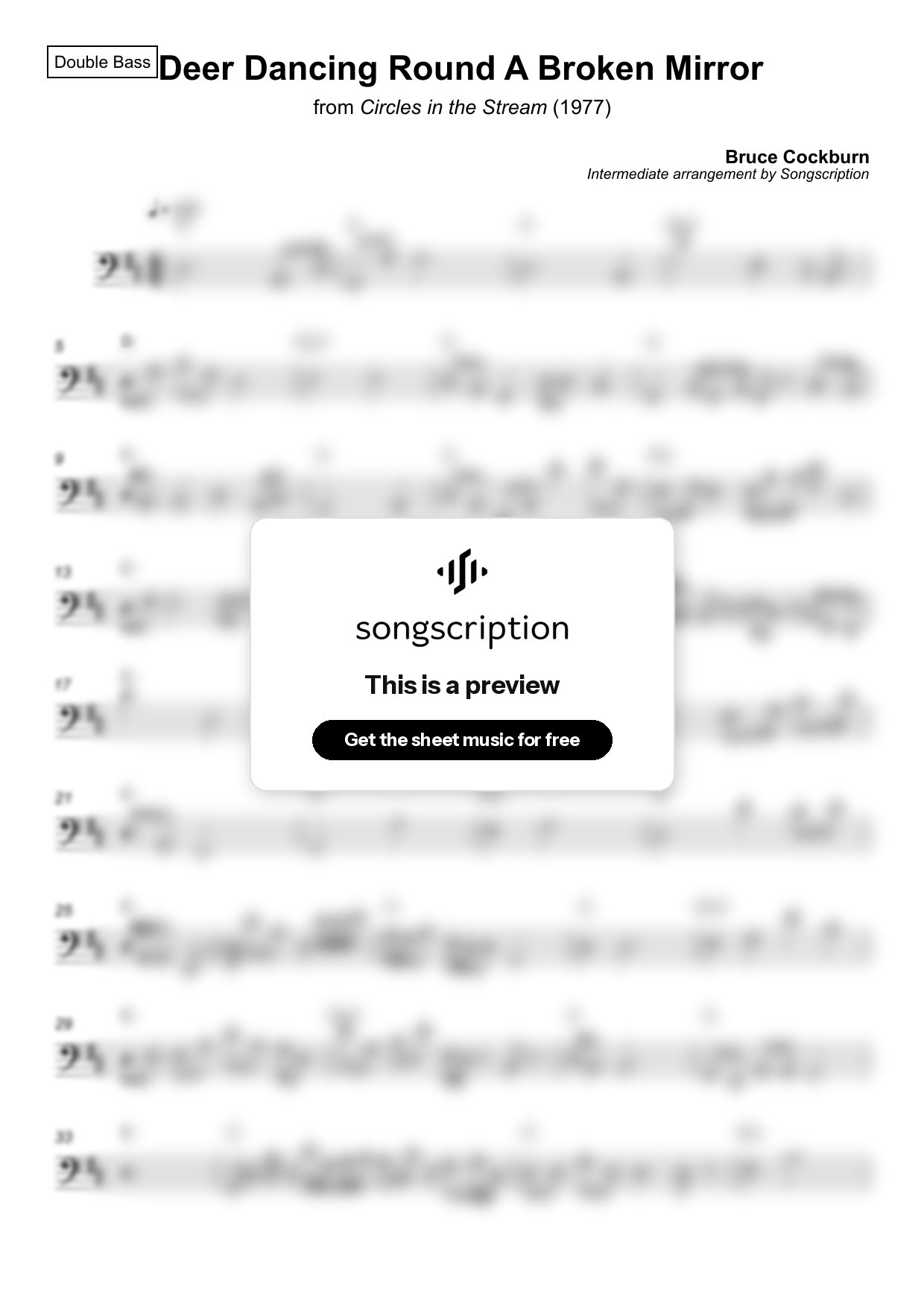Intermediate Double Bass Sheet Music for "Deer Dancing Round A Broken Mirror" by Bruce Cockburn
