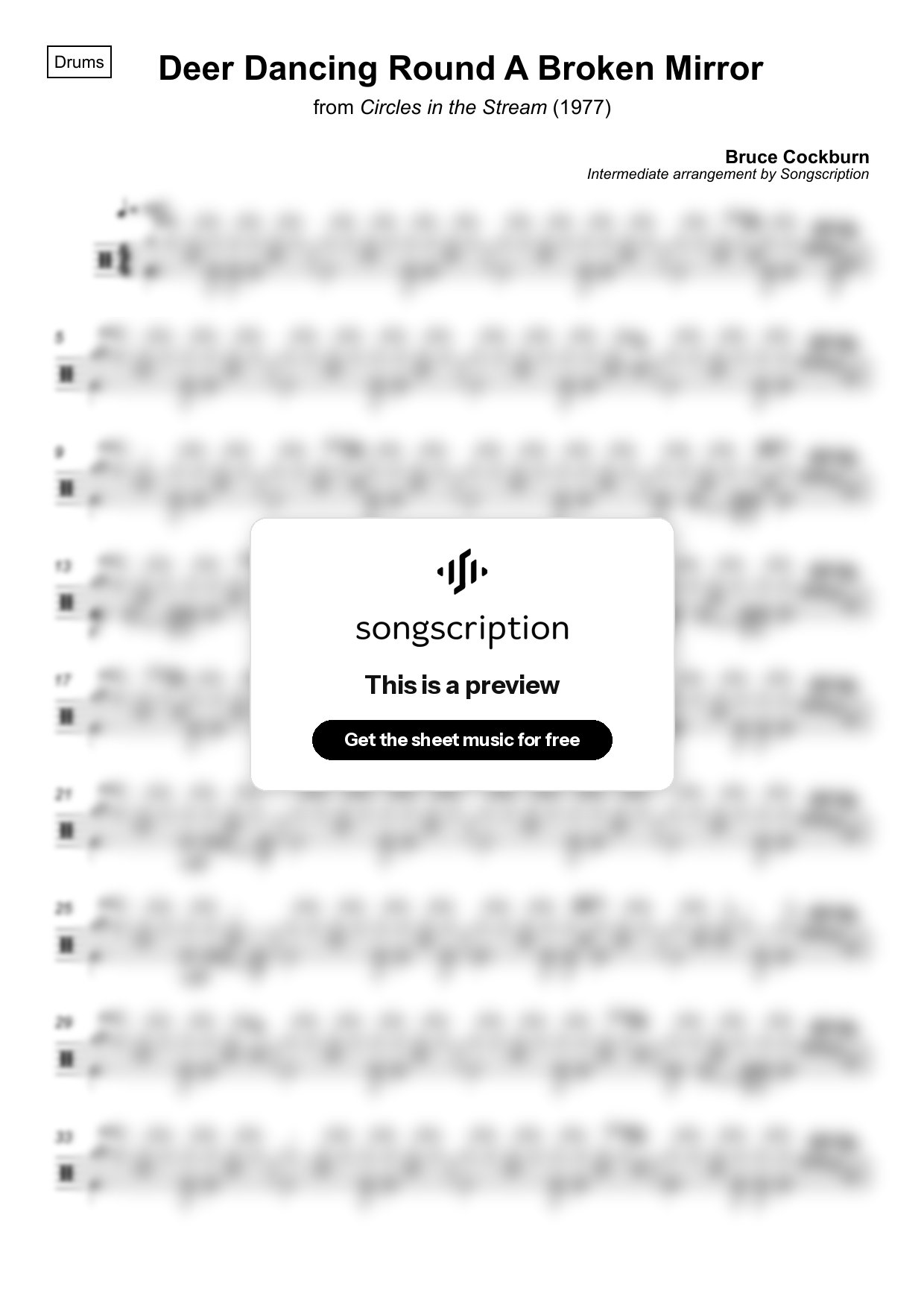 Intermediate Drums Sheet Music for "Deer Dancing Round A Broken Mirror" by Bruce Cockburn