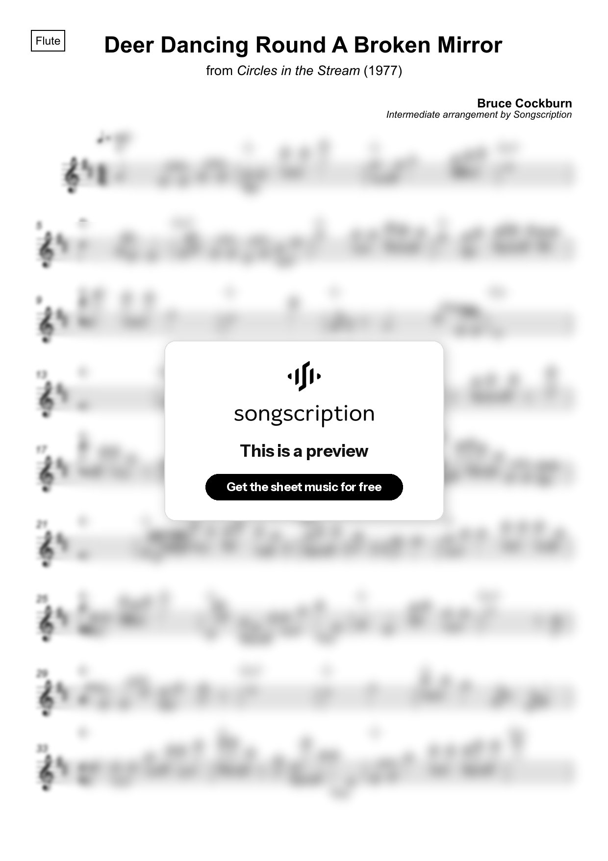 Intermediate Flute Sheet Music for "Deer Dancing Round A Broken Mirror" by Bruce Cockburn