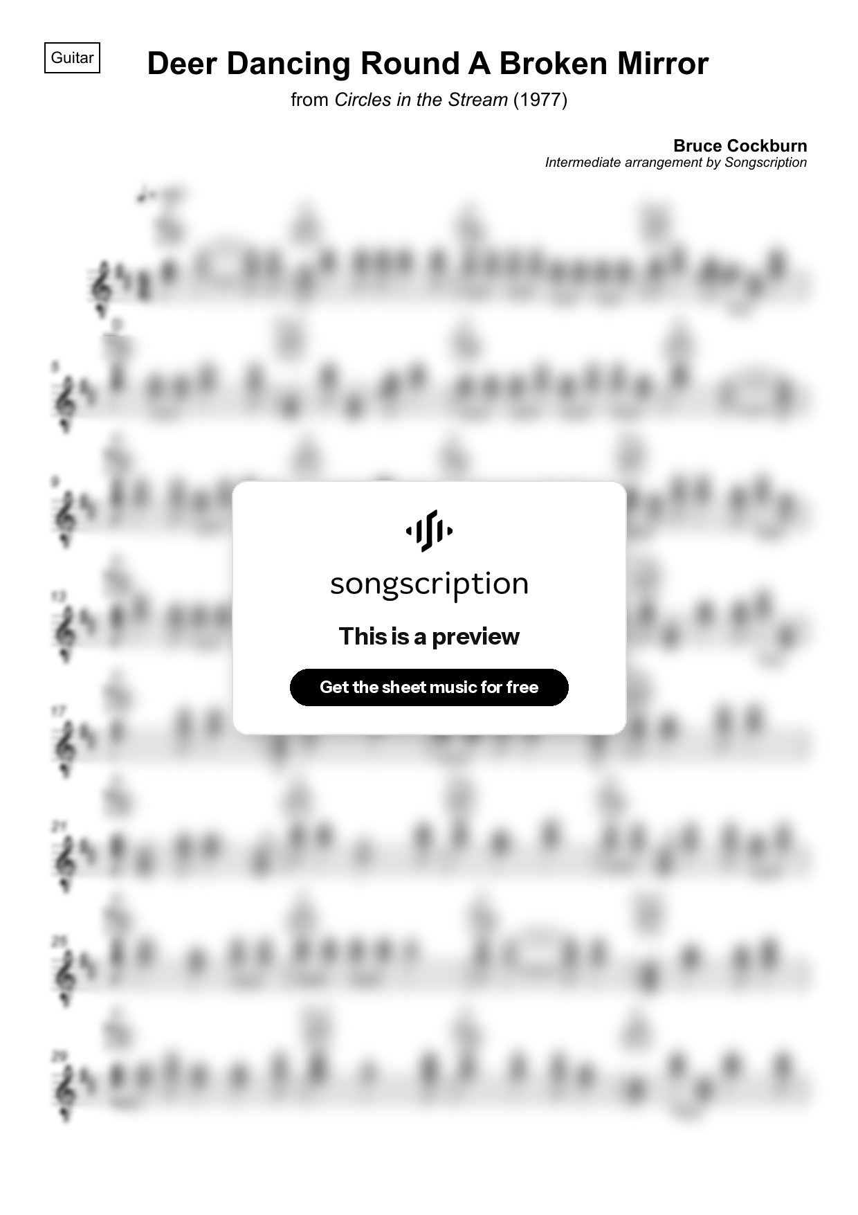 Intermediate Acoustic Guitar Sheet Music for "Deer Dancing Round A Broken Mirror" by Bruce Cockburn