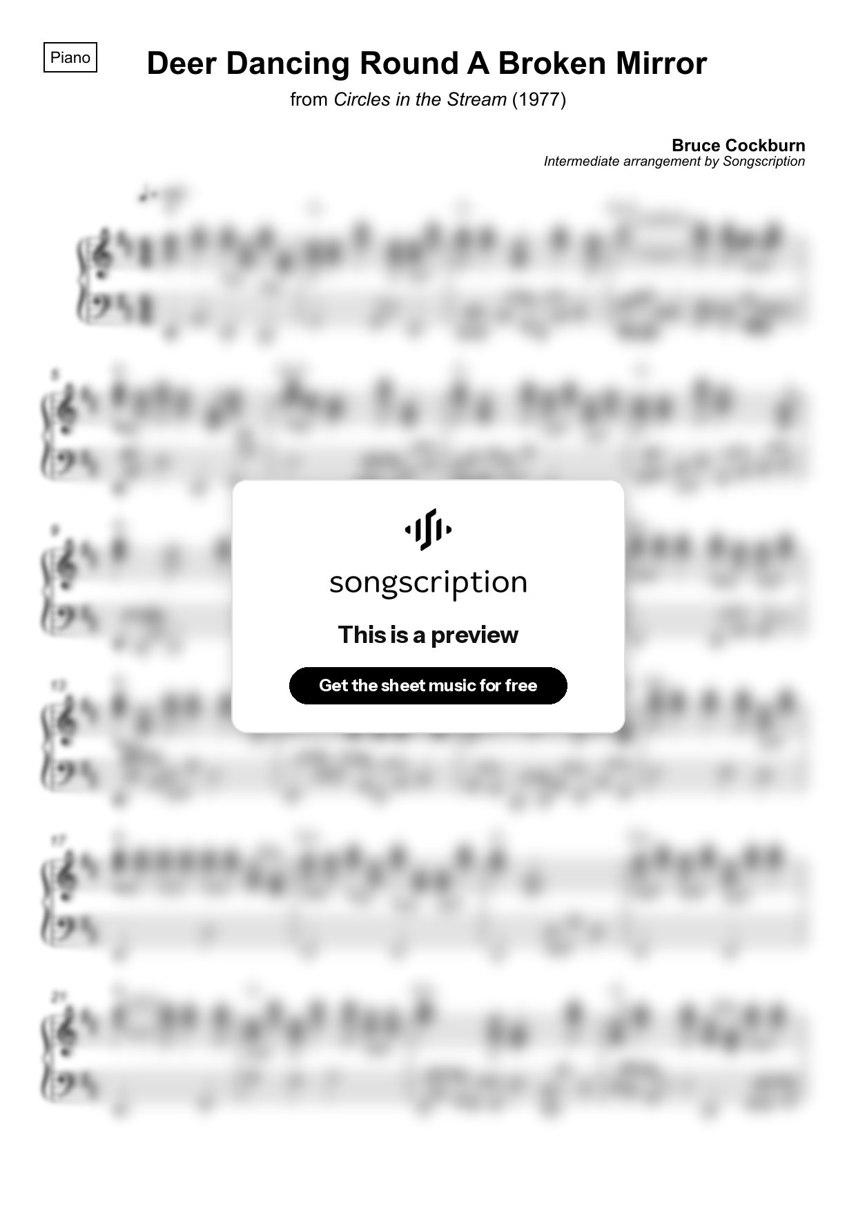 Intermediate Piano Sheet Music for "Deer Dancing Round A Broken Mirror" by Bruce Cockburn