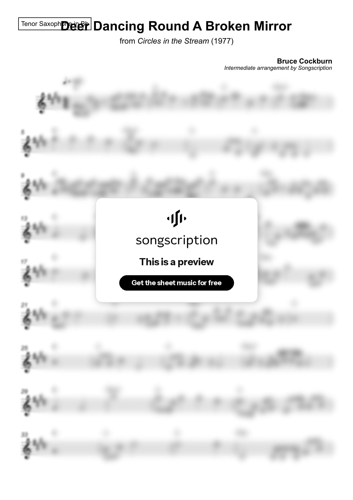 Intermediate Tenor Sax Sheet Music for "Deer Dancing Round A Broken Mirror" by Bruce Cockburn