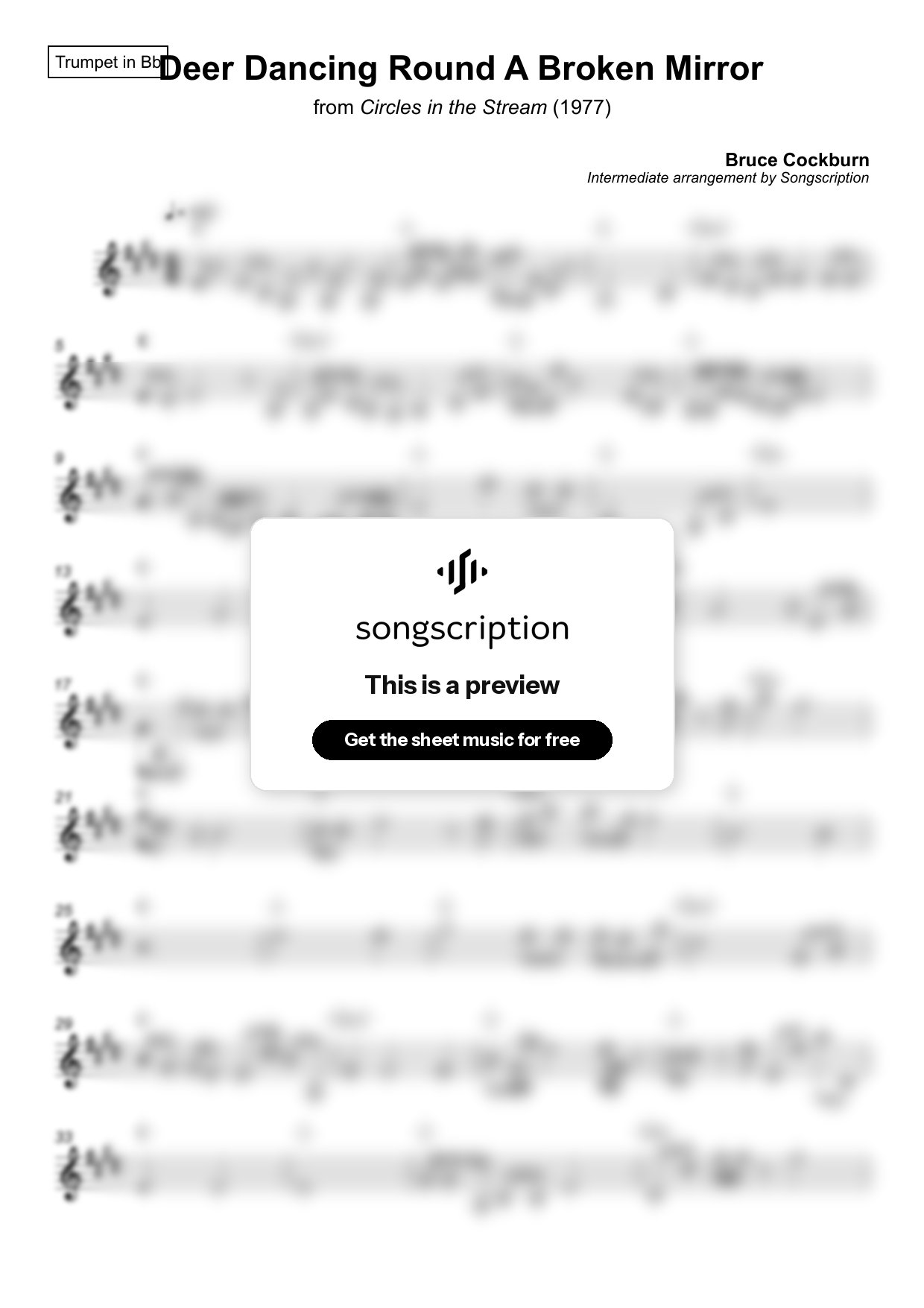 Intermediate Trumpet Sheet Music for "Deer Dancing Round A Broken Mirror" by Bruce Cockburn