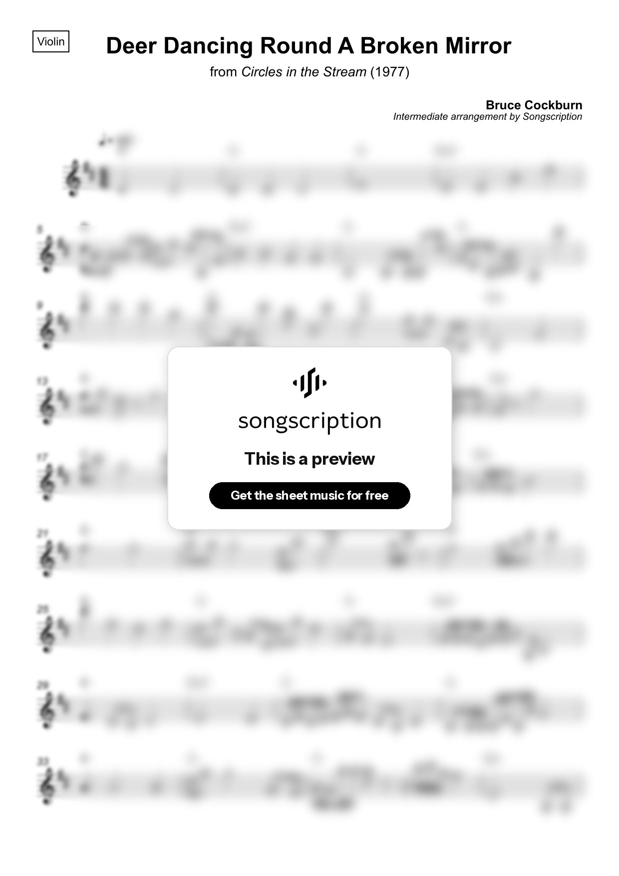 Intermediate Violin Sheet Music for "Deer Dancing Round A Broken Mirror" by Bruce Cockburn