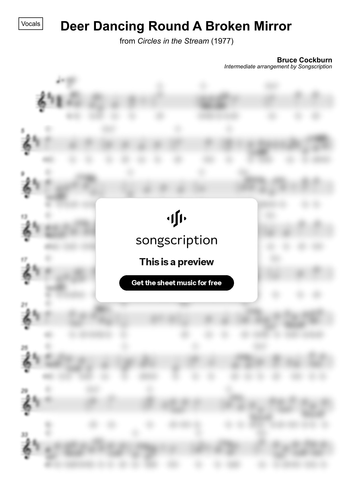 Intermediate Vocals Sheet Music for "Deer Dancing Round A Broken Mirror" by Bruce Cockburn