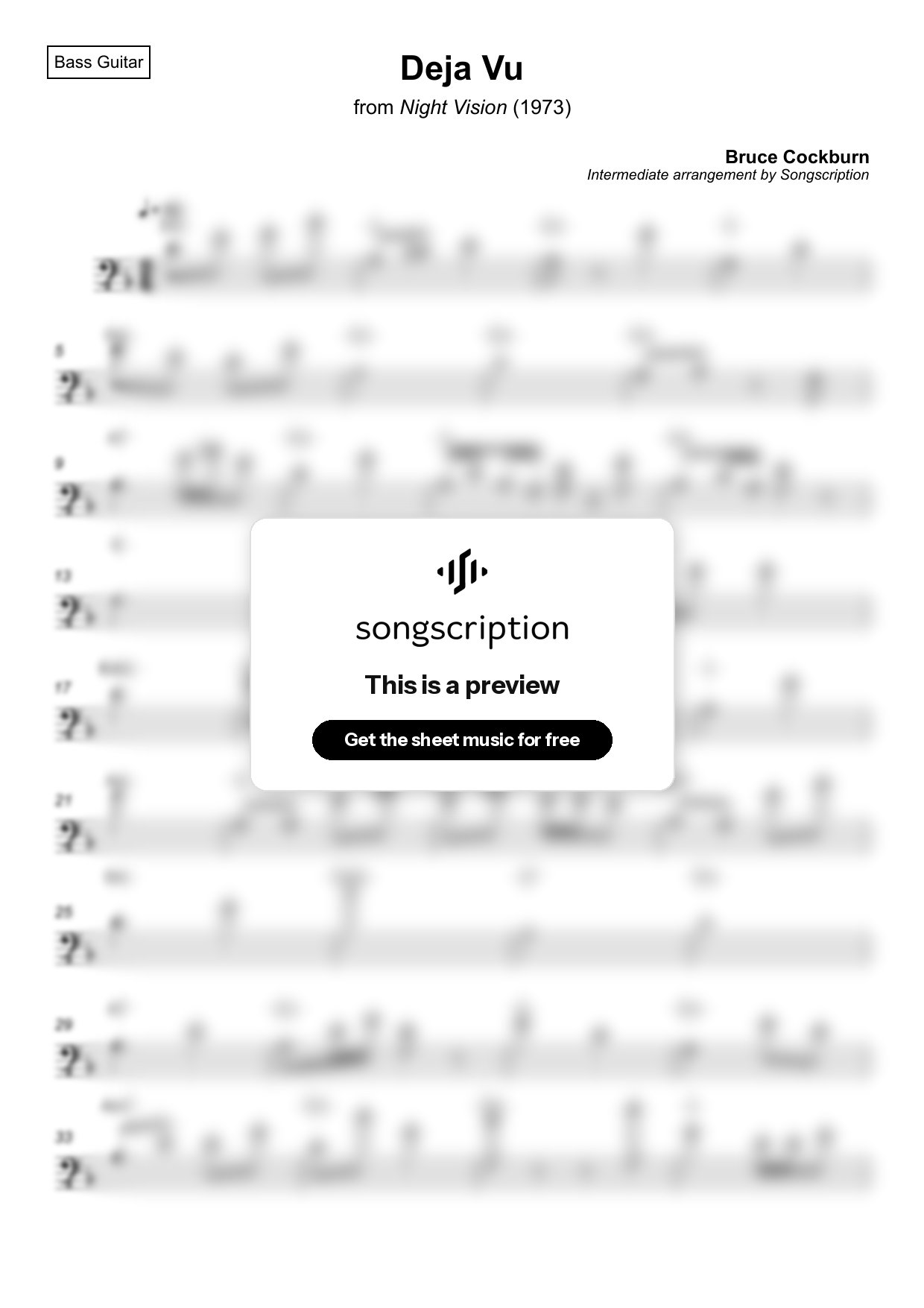Intermediate Bass Guitar Sheet Music for "Deja Vu" by Bruce Cockburn
