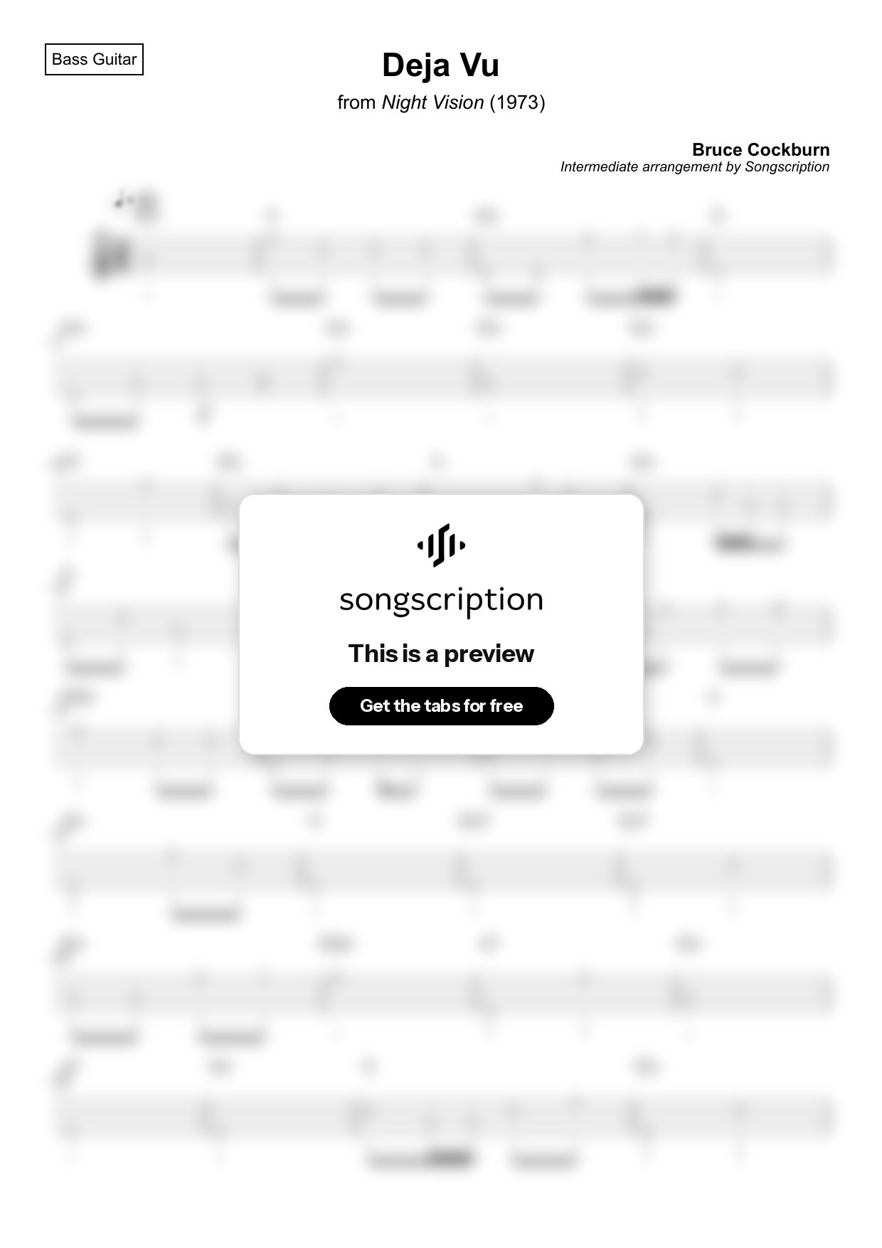 Intermediate Bass Guitar Tabs for "Deja Vu" by Bruce Cockburn