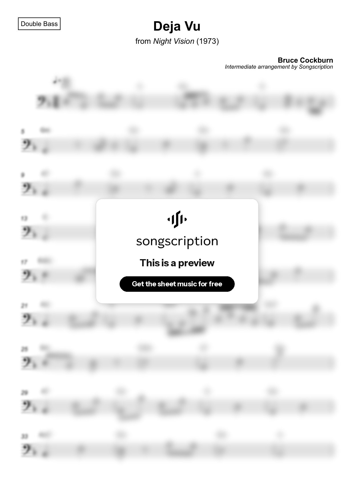 Intermediate Double Bass Sheet Music for "Deja Vu" by Bruce Cockburn