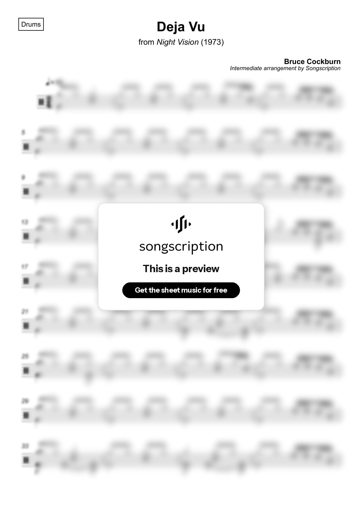 Intermediate Drums Sheet Music for "Deja Vu" by Bruce Cockburn