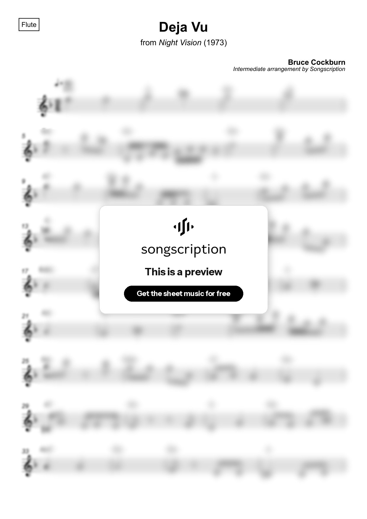 Intermediate Flute Sheet Music for "Deja Vu" by Bruce Cockburn