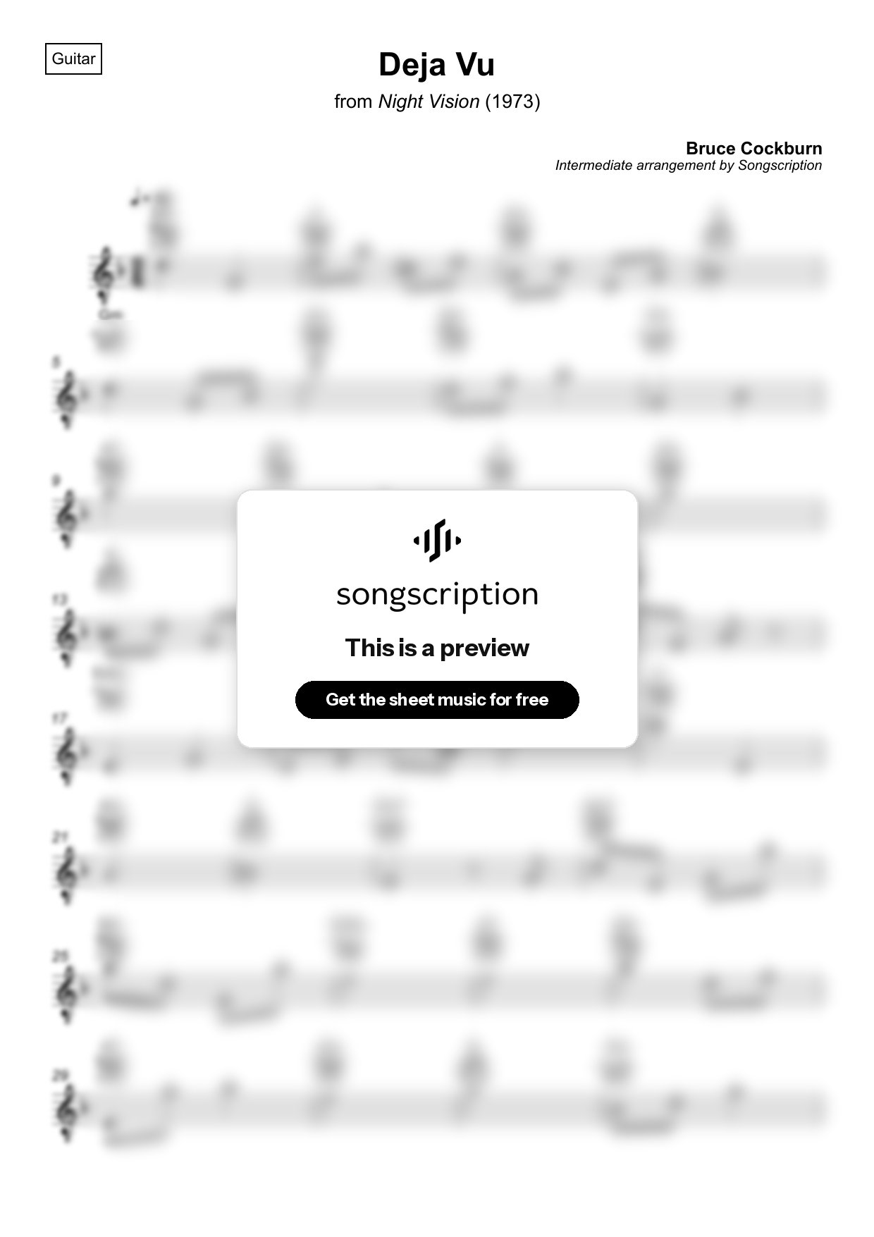Intermediate Acoustic Guitar Sheet Music for "Deja Vu" by Bruce Cockburn