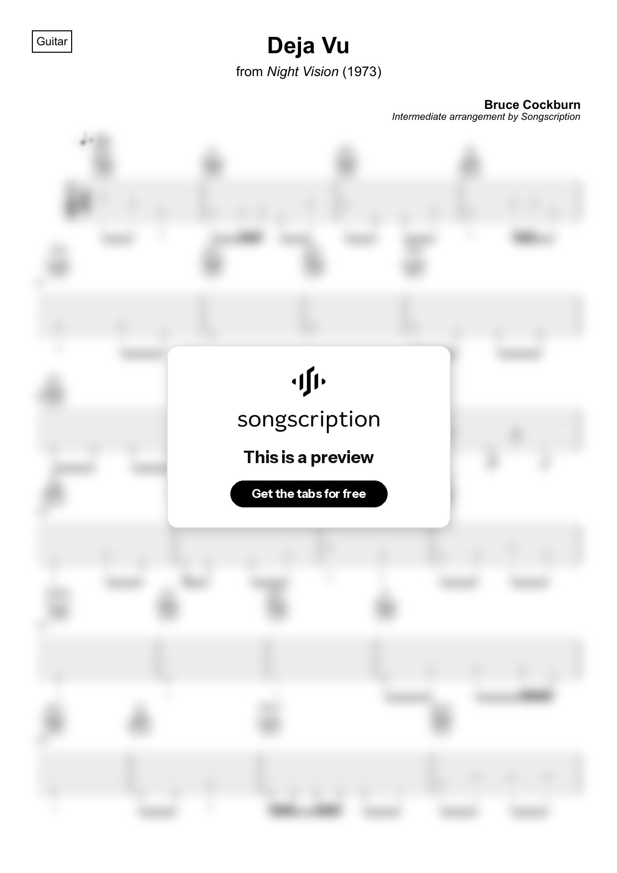 Intermediate Acoustic Guitar Tabs for "Deja Vu" by Bruce Cockburn