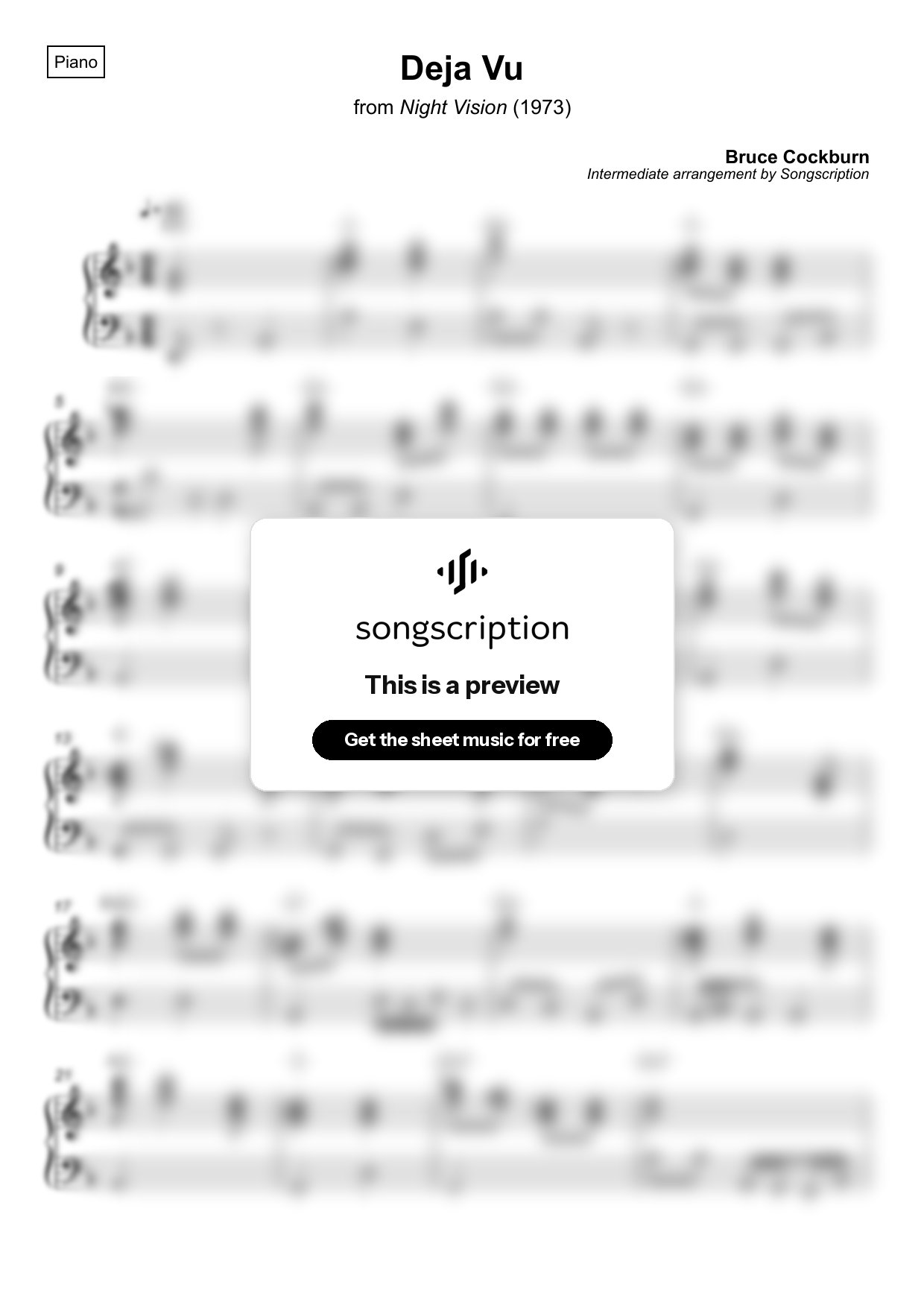 Intermediate Piano Sheet Music for "Deja Vu" by Bruce Cockburn