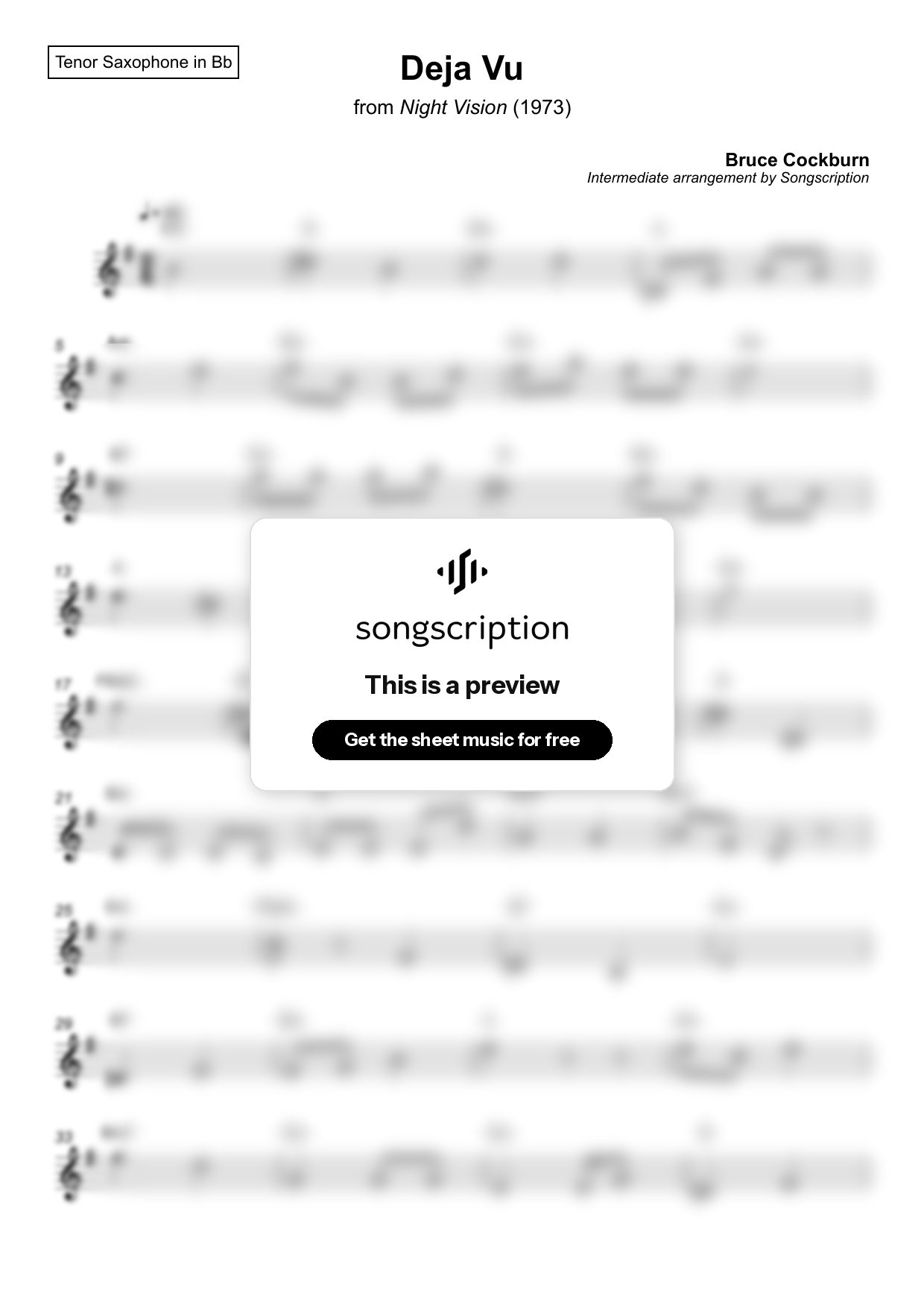 Intermediate Tenor Sax Sheet Music for "Deja Vu" by Bruce Cockburn