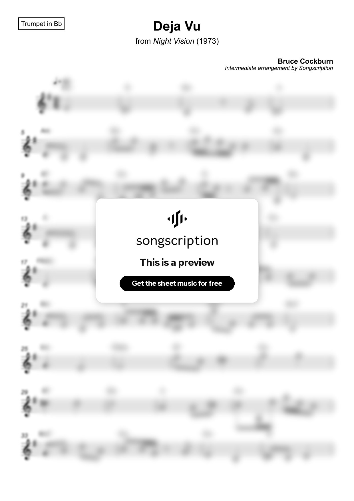 Intermediate Trumpet Sheet Music for "Deja Vu" by Bruce Cockburn