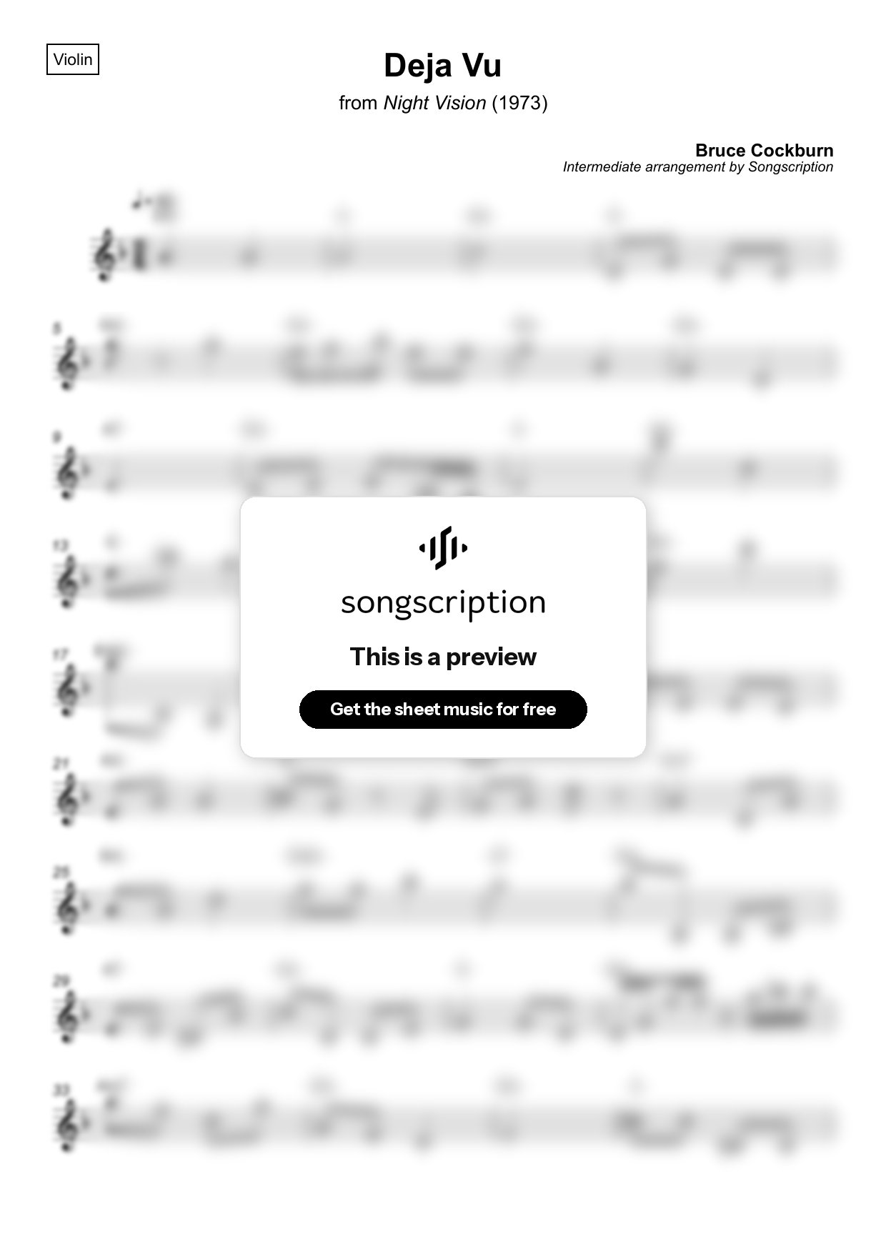 Intermediate Violin Sheet Music for "Deja Vu" by Bruce Cockburn