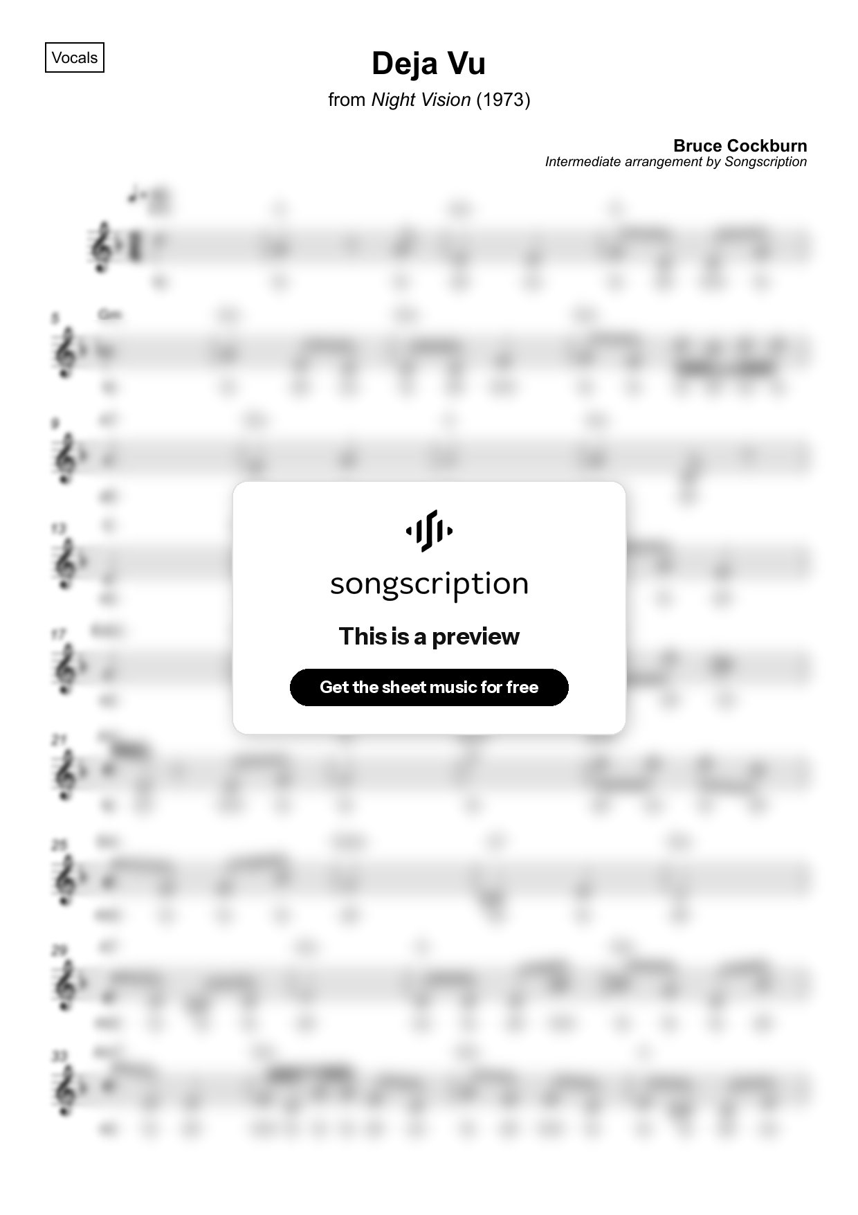 Intermediate Vocals Sheet Music for "Deja Vu" by Bruce Cockburn