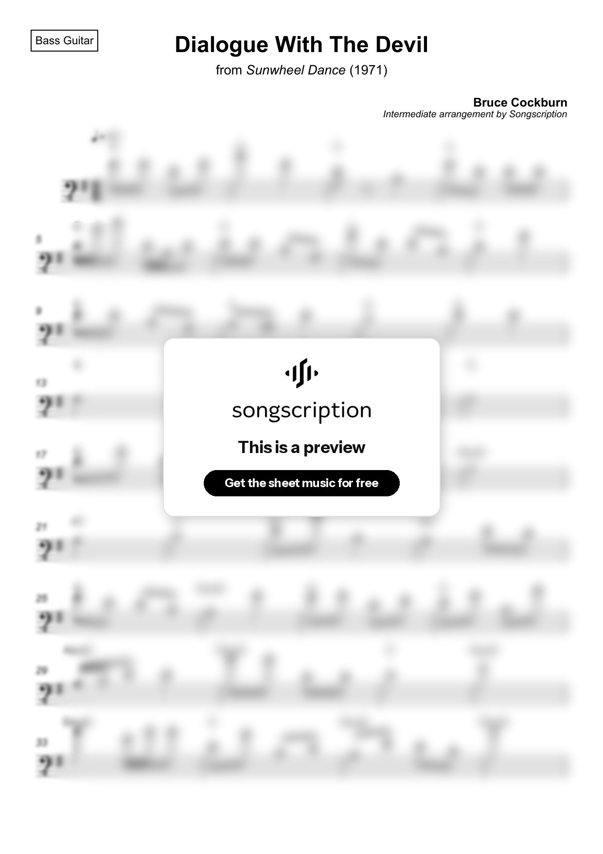 Intermediate Bass Guitar Sheet Music for "Dialogue With The Devil" by Bruce Cockburn