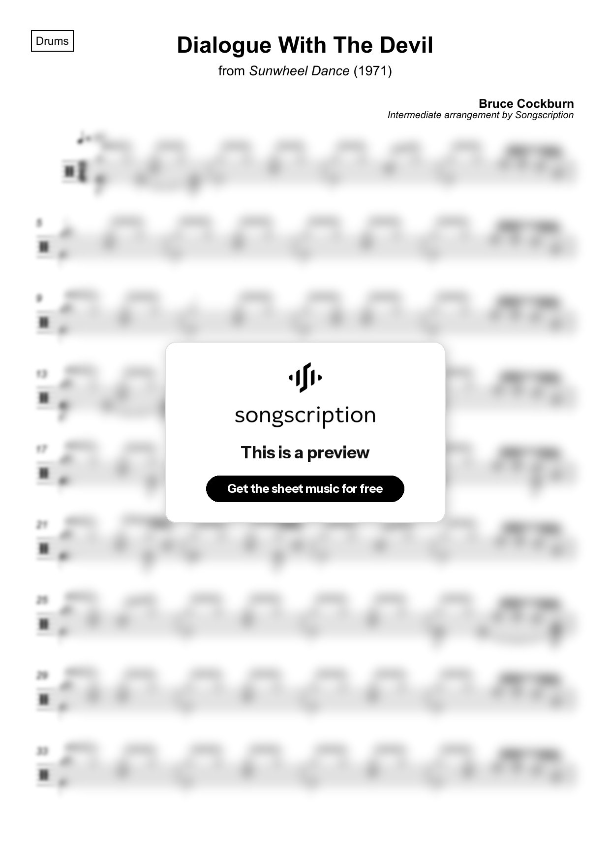 Intermediate Drums Sheet Music for "Dialogue With The Devil" by Bruce Cockburn