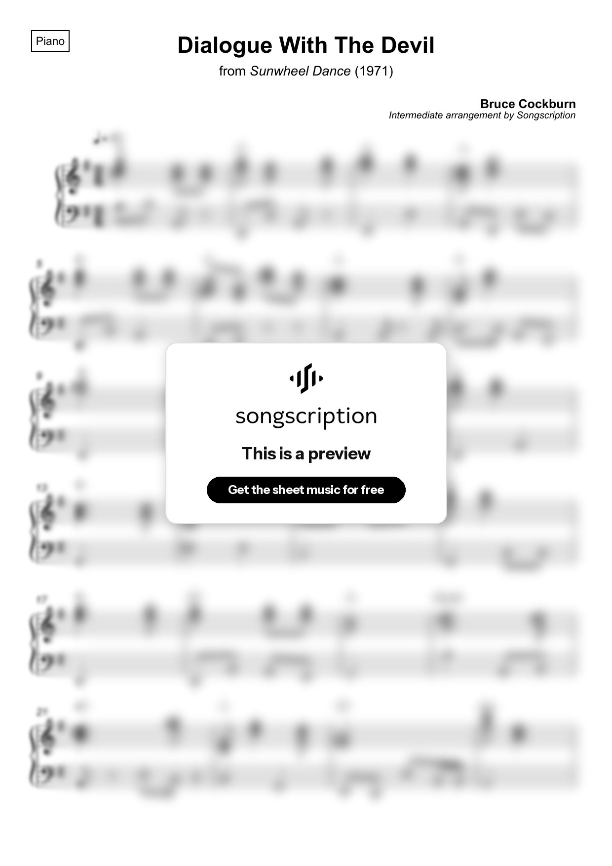 Intermediate Piano Sheet Music for "Dialogue With The Devil" by Bruce Cockburn