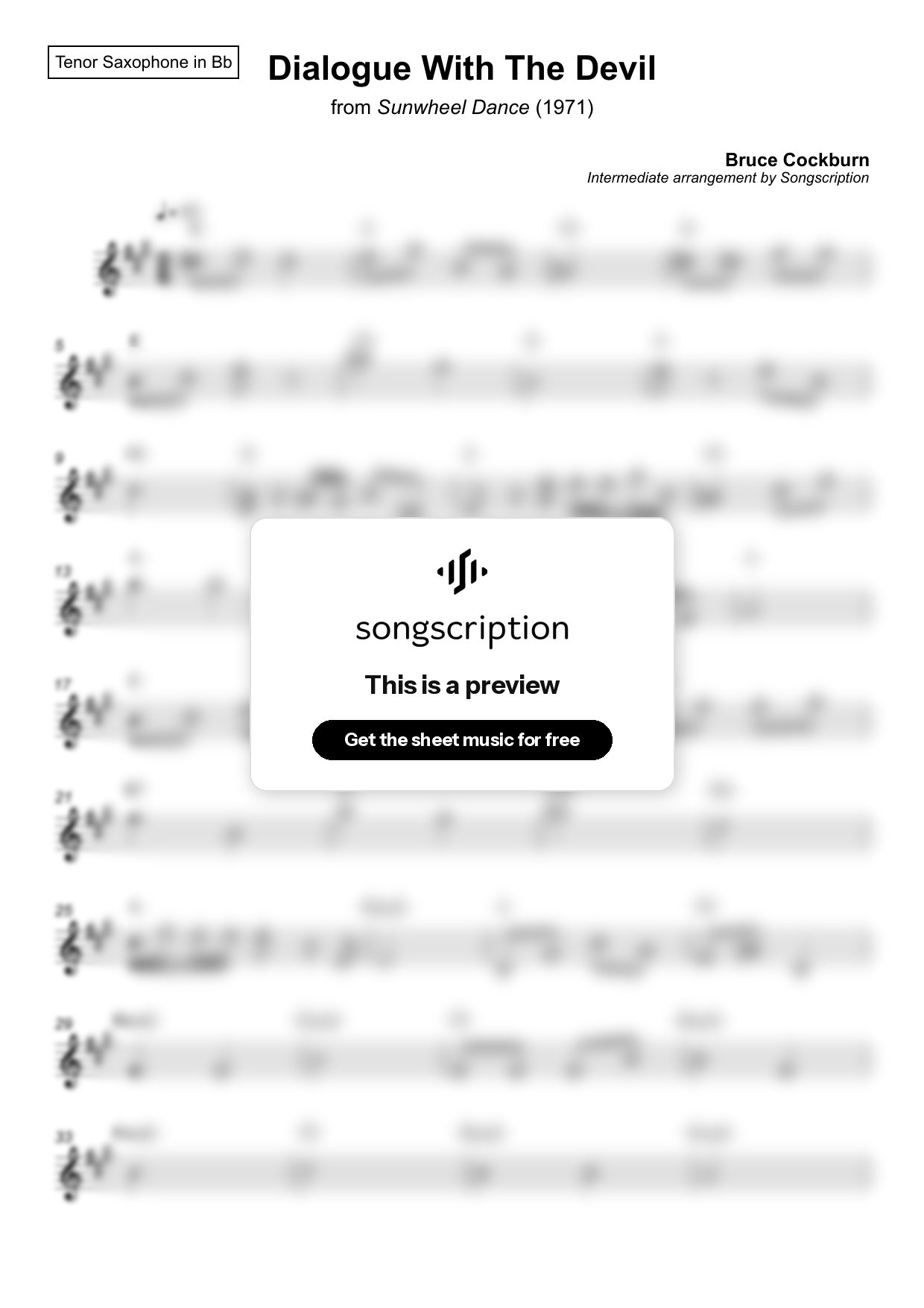 Intermediate Tenor Sax Sheet Music for "Dialogue With The Devil" by Bruce Cockburn