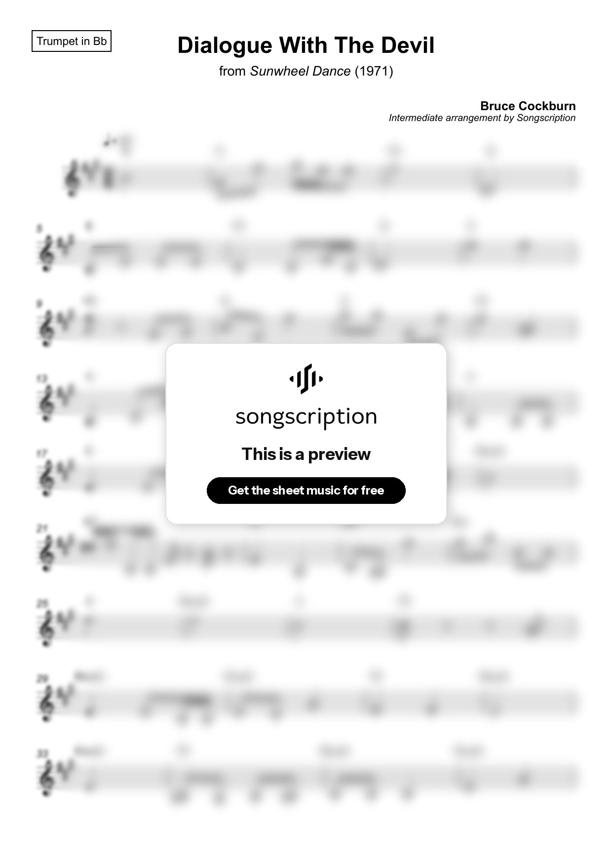 Intermediate Trumpet Sheet Music for "Dialogue With The Devil" by Bruce Cockburn