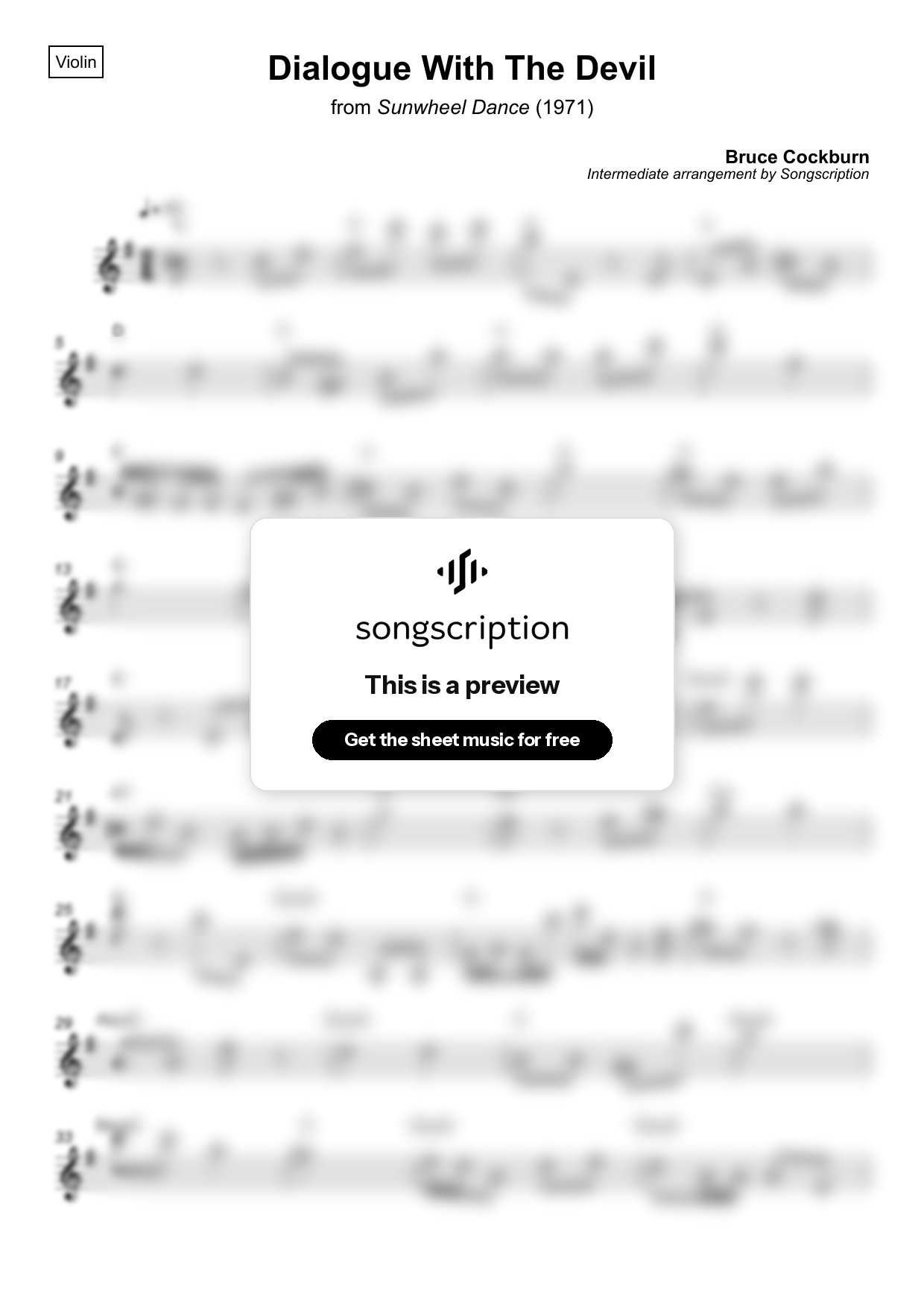 Intermediate Violin Sheet Music for "Dialogue With The Devil" by Bruce Cockburn
