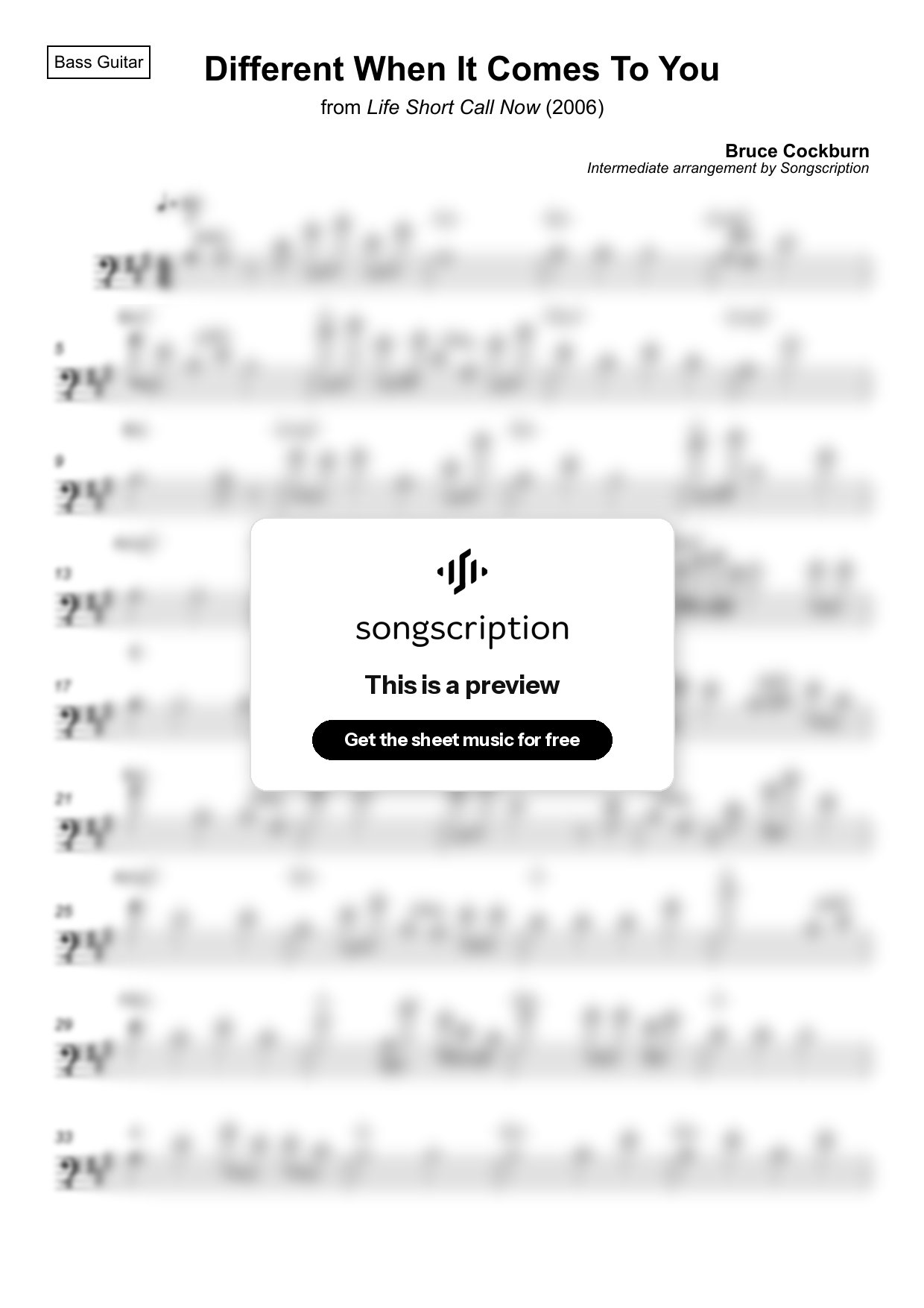 Intermediate Bass Guitar Sheet Music for "Different When It Comes To You" by Bruce Cockburn