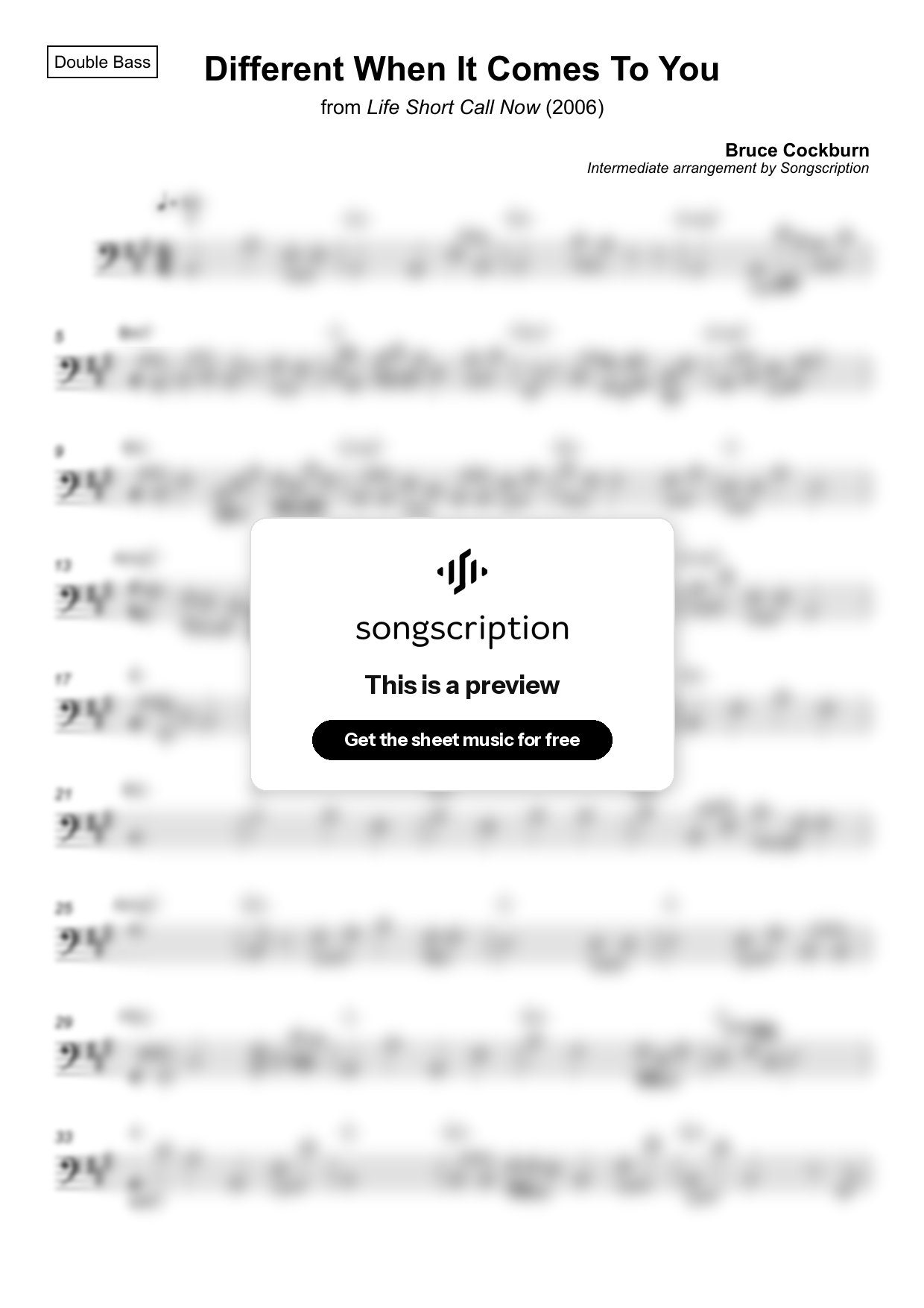 Intermediate Double Bass Sheet Music for "Different When It Comes To You" by Bruce Cockburn